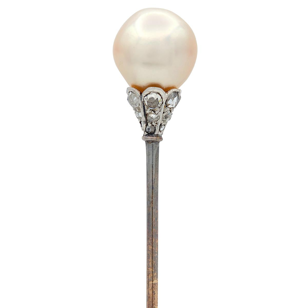Edwardian Pearl Diamond 14 Karat Yellow Gold Platinum Antique Stickpin GIA