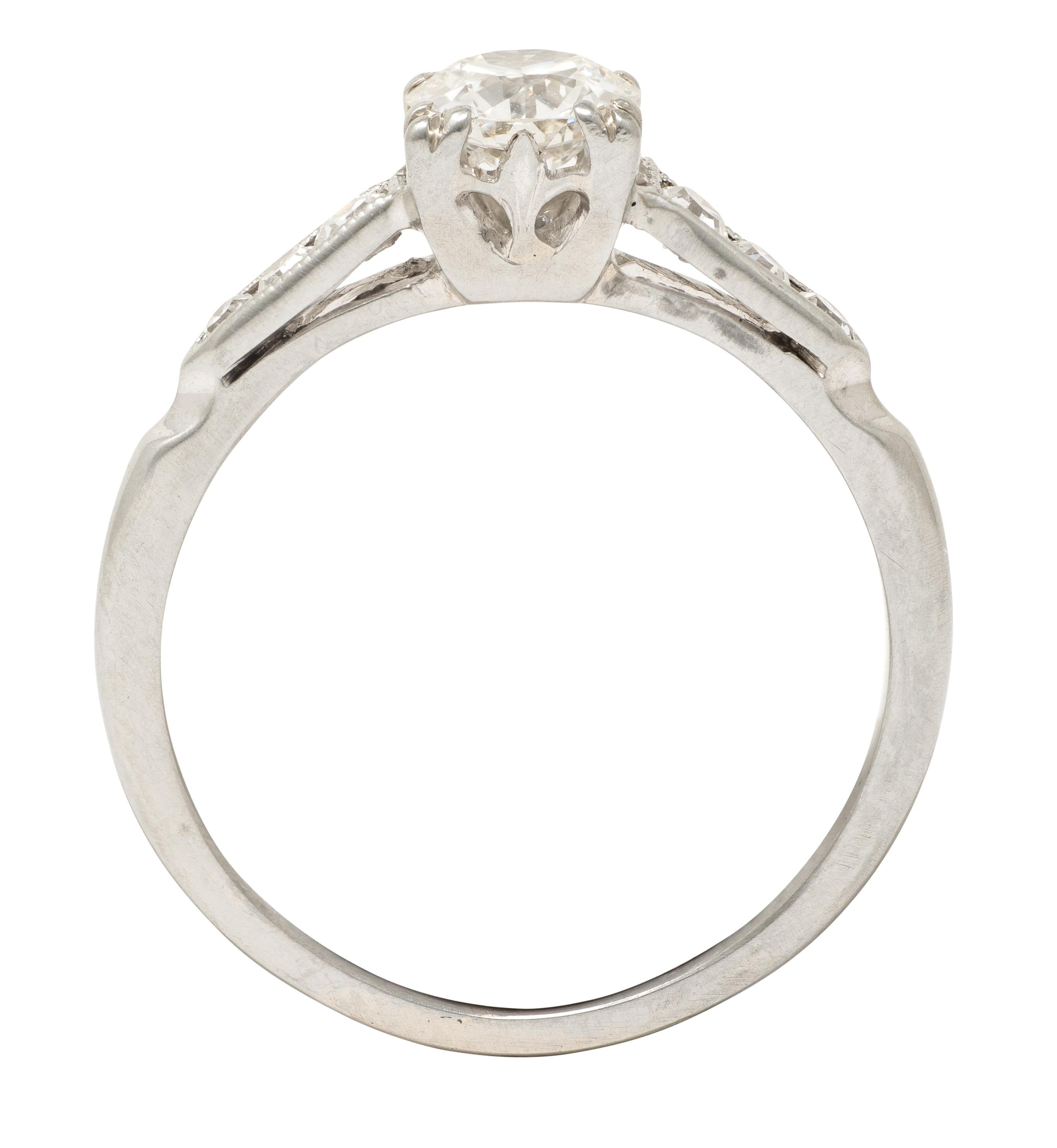 Art Deco European Diamond 18K White Gold Vintage Fleur-De-Lis Engagement Ring