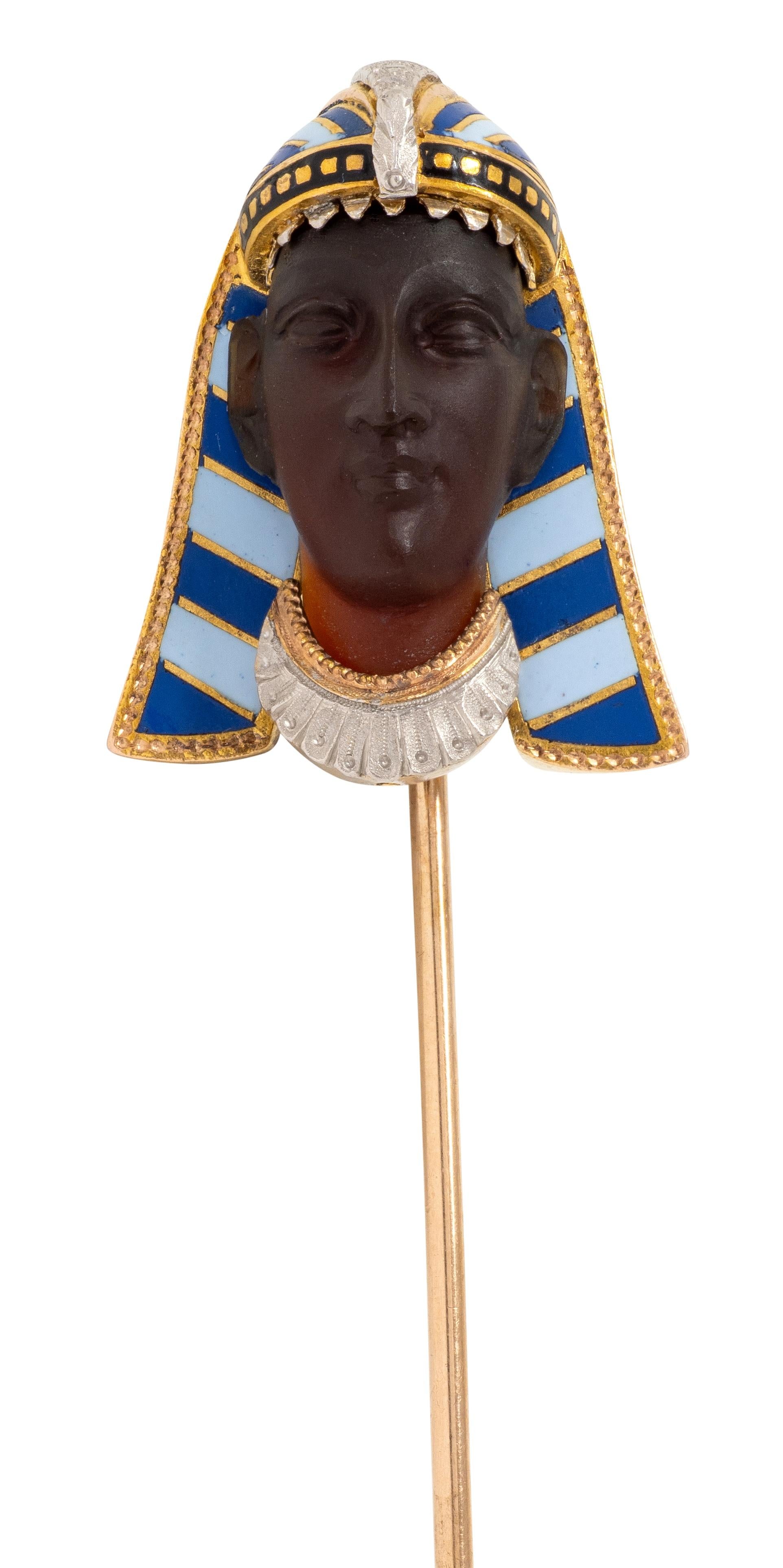 Art Deco Egyptian Carnelian Enamel 14K Gold Platinum Antique Pharaoh Stickpin