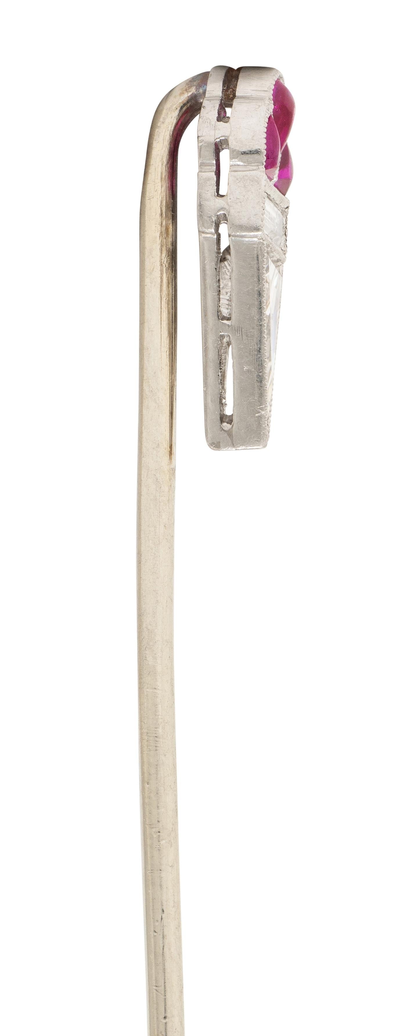 Art Deco Diamond Ruby 18 Karat White Gold Platinum Vintage Torch Stickpin