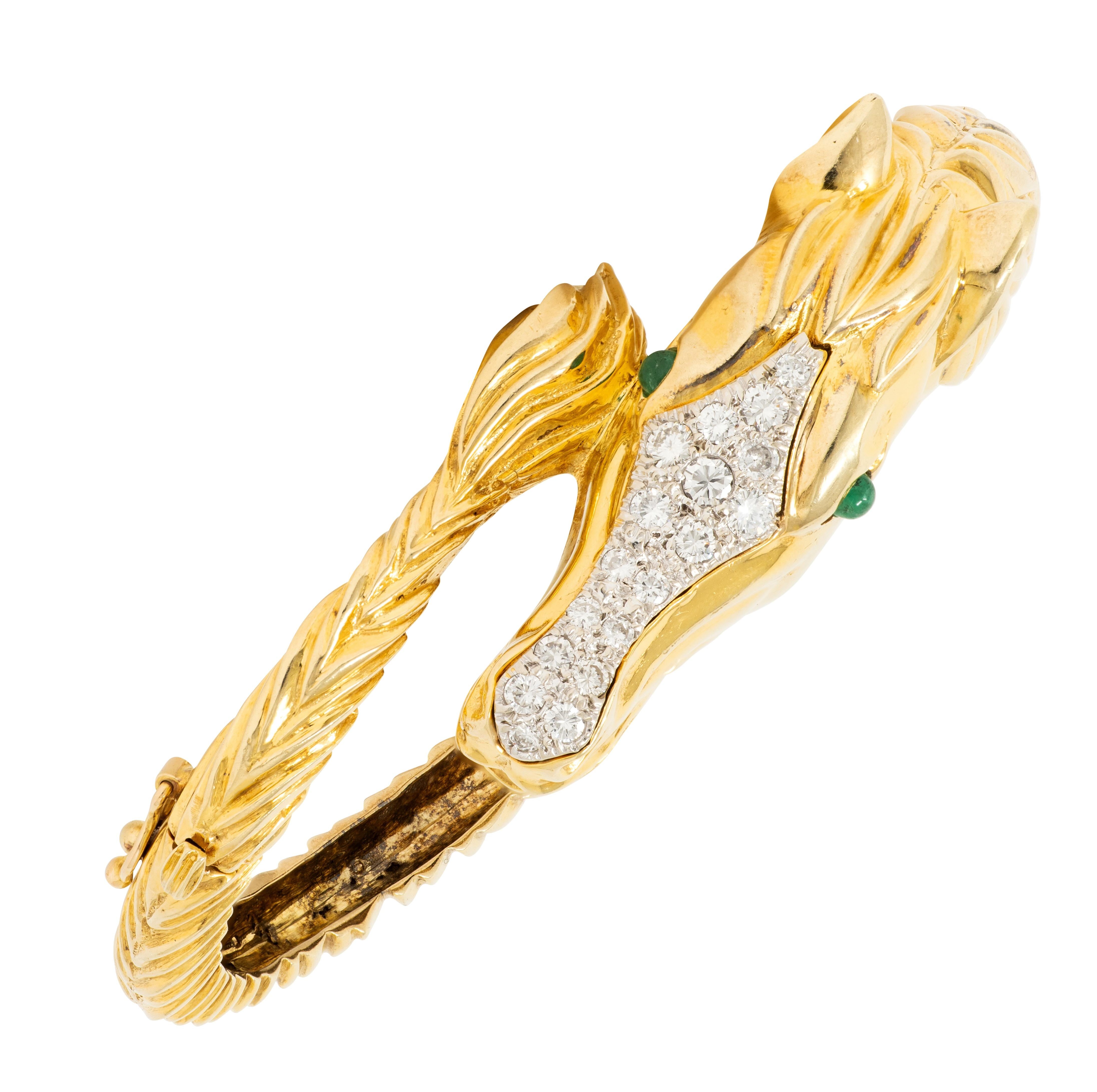La Triomphe 1980 Emerald Diamond 14K Gold Platinum Vintage Horse Bypass Bracelet