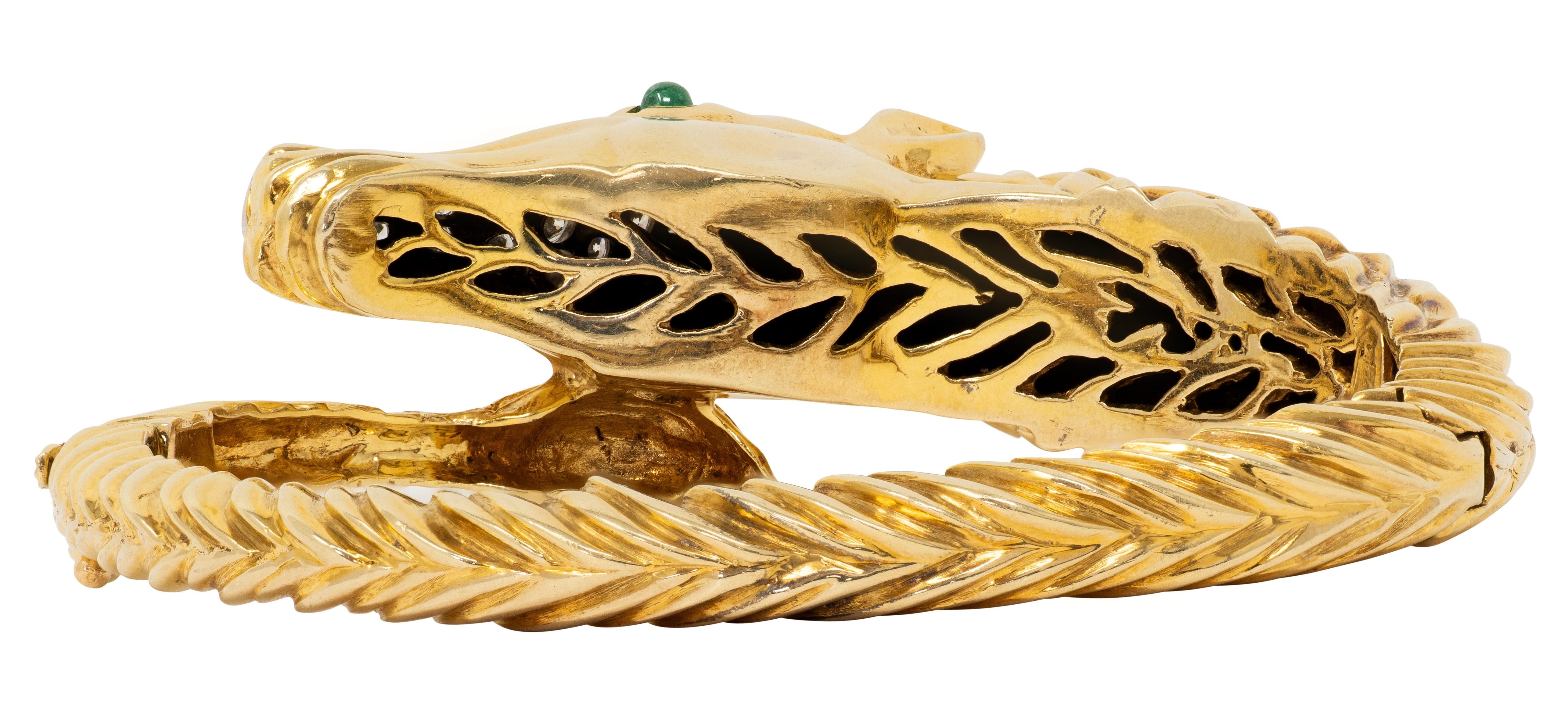 La Triomphe 1980 Emerald Diamond 14K Gold Platinum Vintage Horse Bypass Bracelet