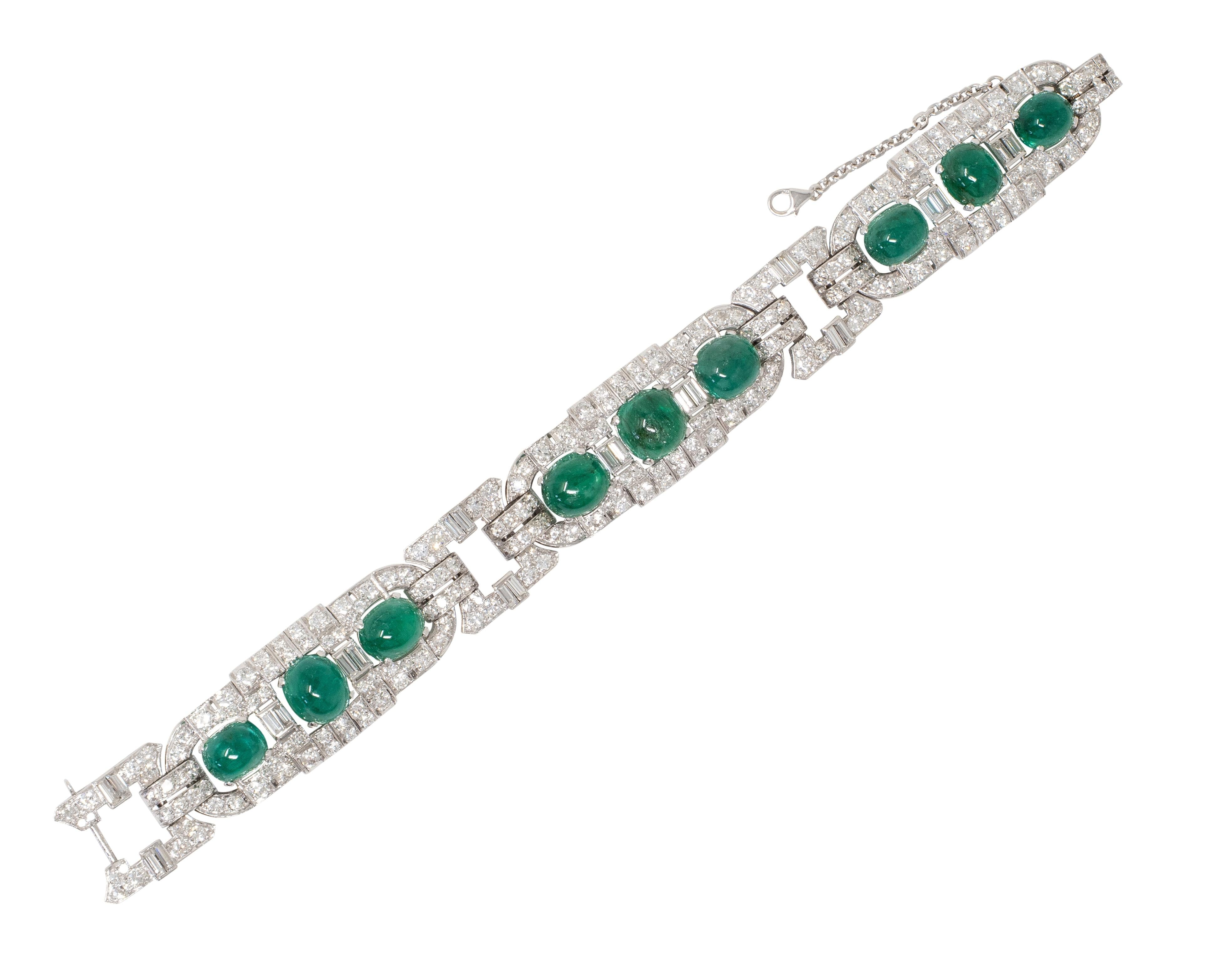 Art Deco 50.70 CTW Emerald Diamond Platinum Vintage Buckle Line Bracelet