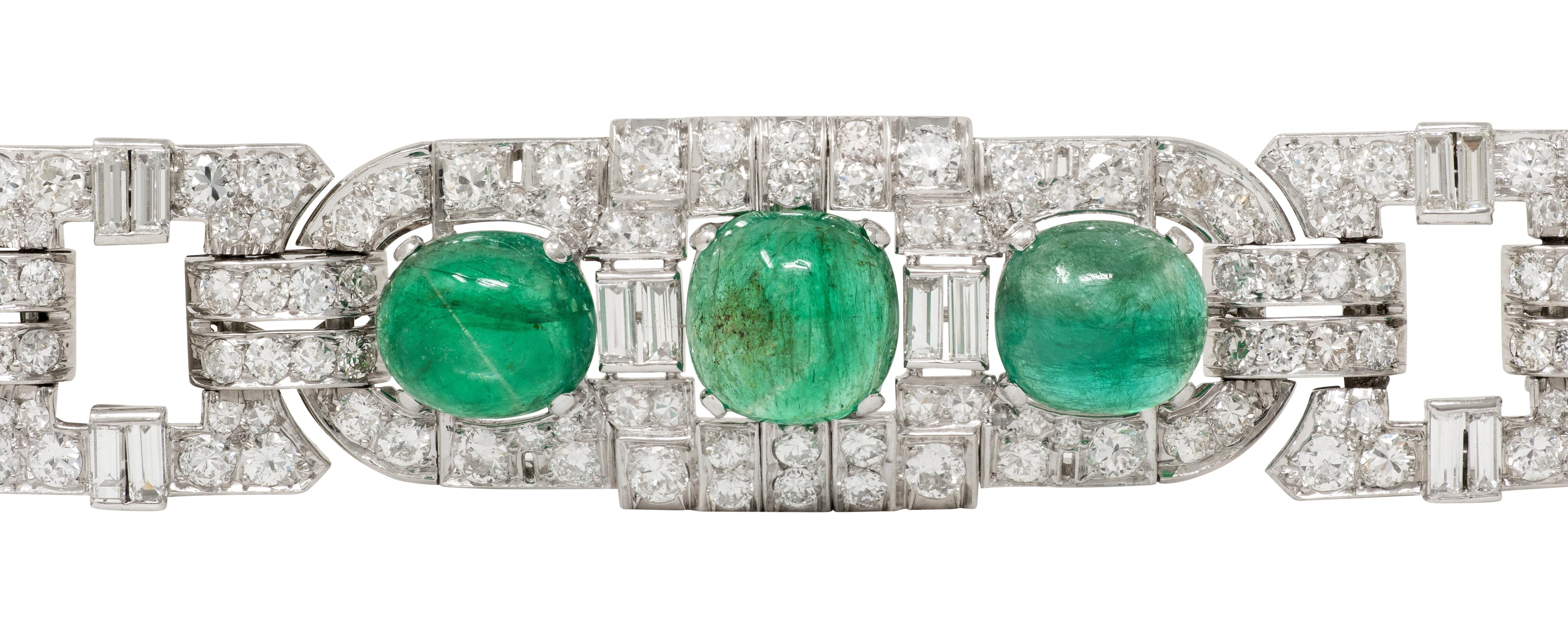 Art Deco 50.70 CTW Emerald Diamond Platinum Vintage Buckle Line Bracelet