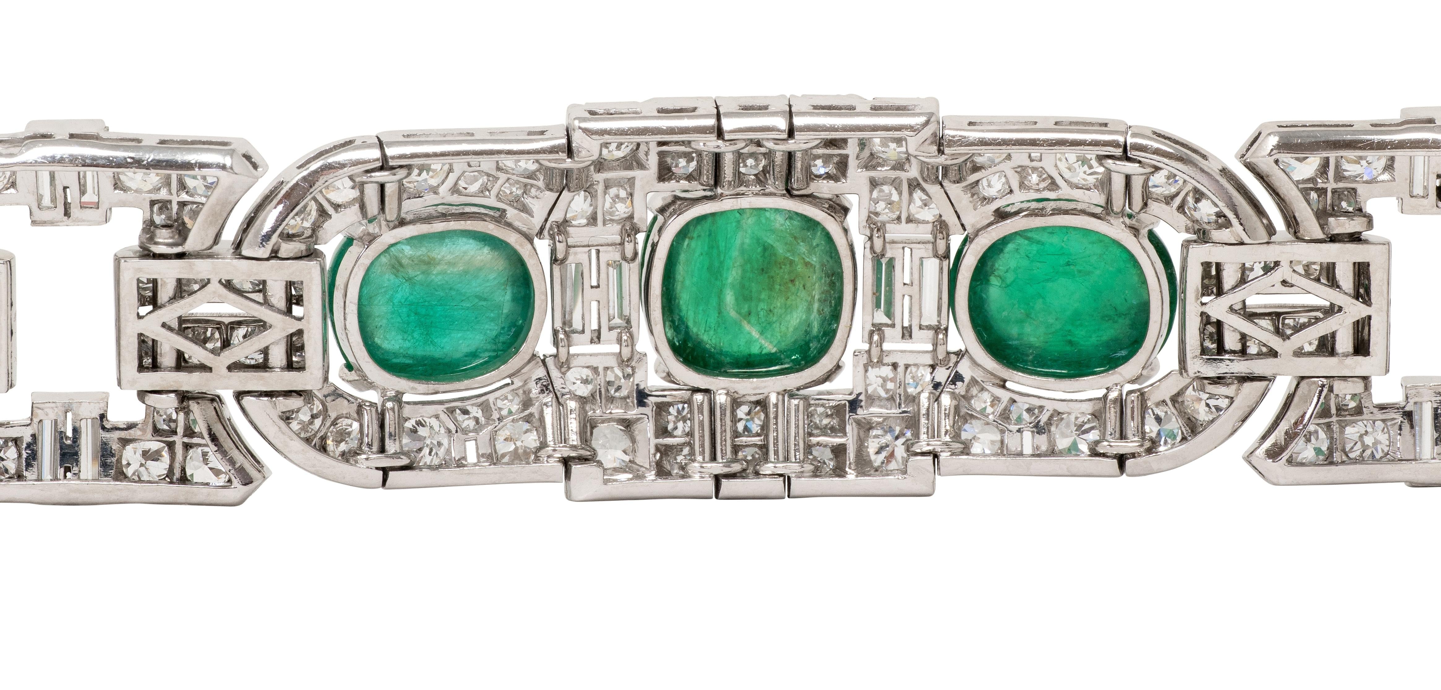 Art Deco 50.70 CTW Emerald Diamond Platinum Vintage Buckle Line Bracelet