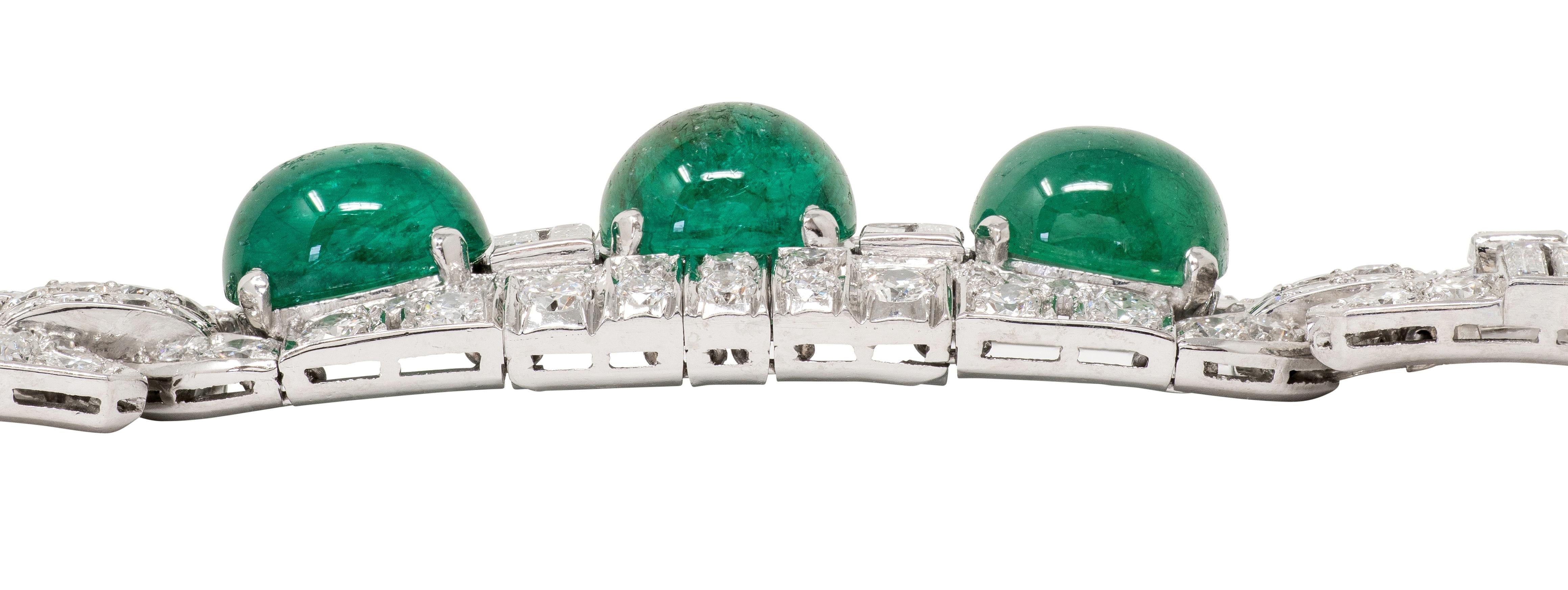 Art Deco 50.70 CTW Emerald Diamond Platinum Vintage Buckle Line Bracelet