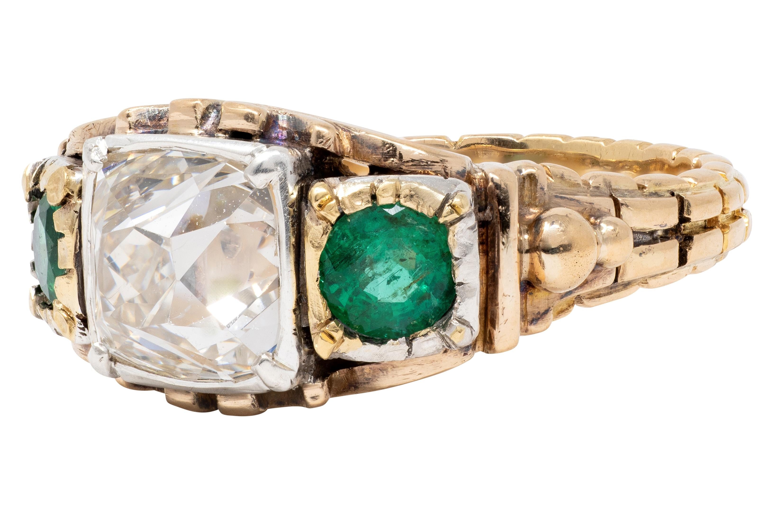 Early Victorian 3.92 CTW Peruzzi Cut Diamond Emerald 18 Karat Gold Antique Ring