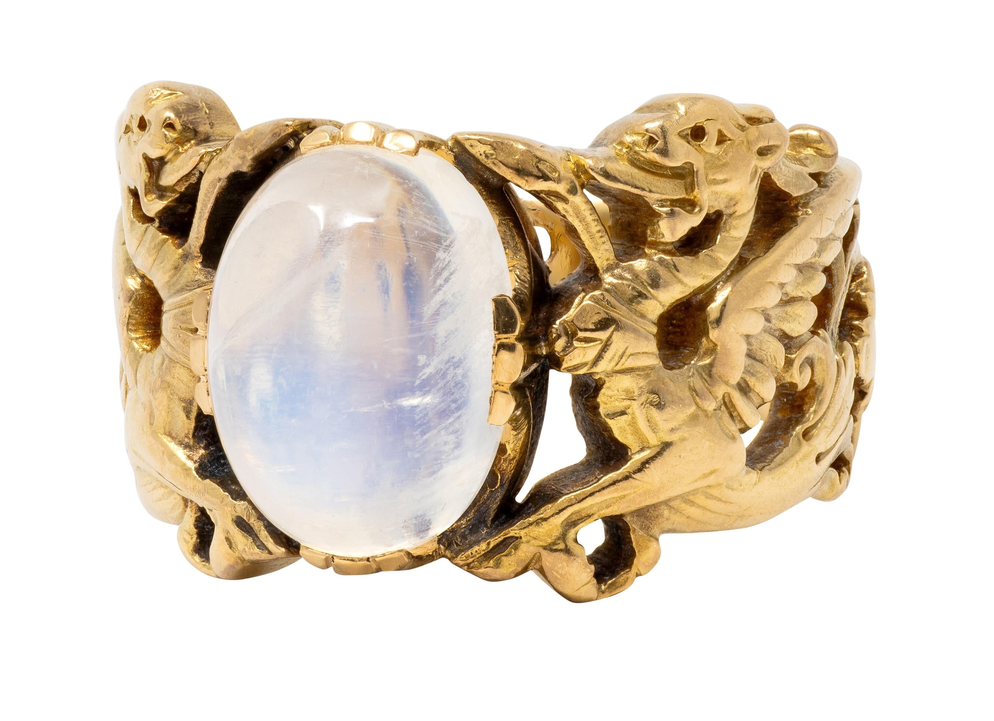 Art Nouveau Moonstone 18 Karat Yellow Gold Antique Griffon Unisex Foliate Ring