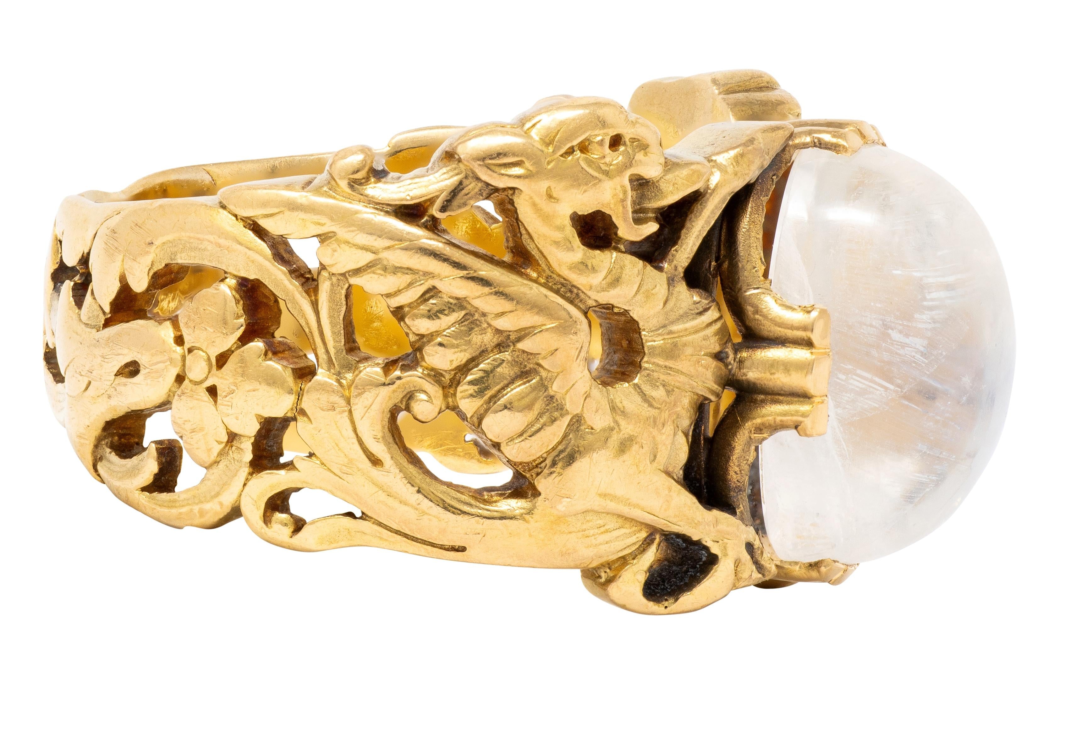 Art Nouveau Moonstone 18 Karat Yellow Gold Antique Griffon Unisex Foliate Ring