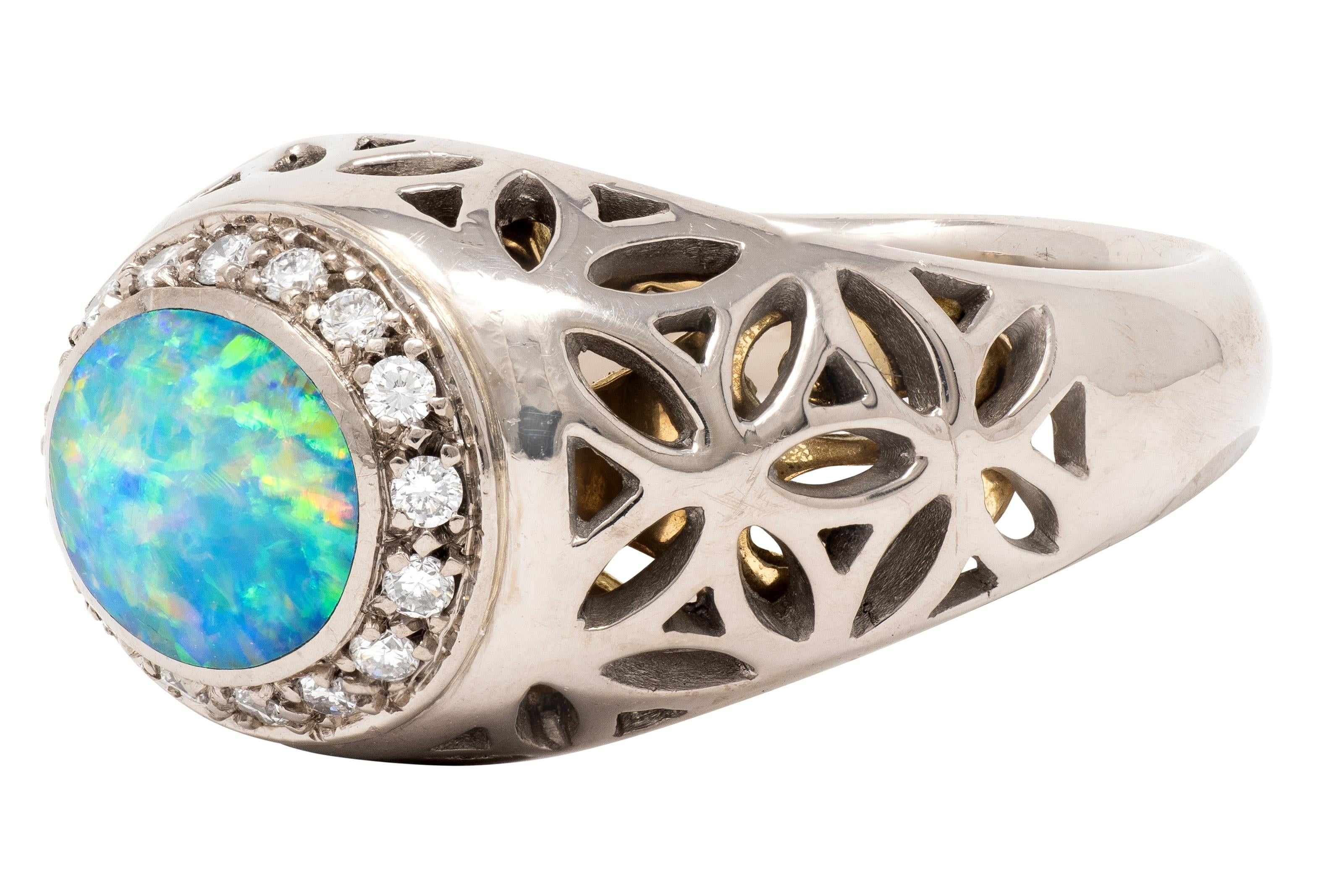 B & H 2000's Opal Diamond 18 Karat Two-Tone Gold Contemporary Foliate Halo Ring