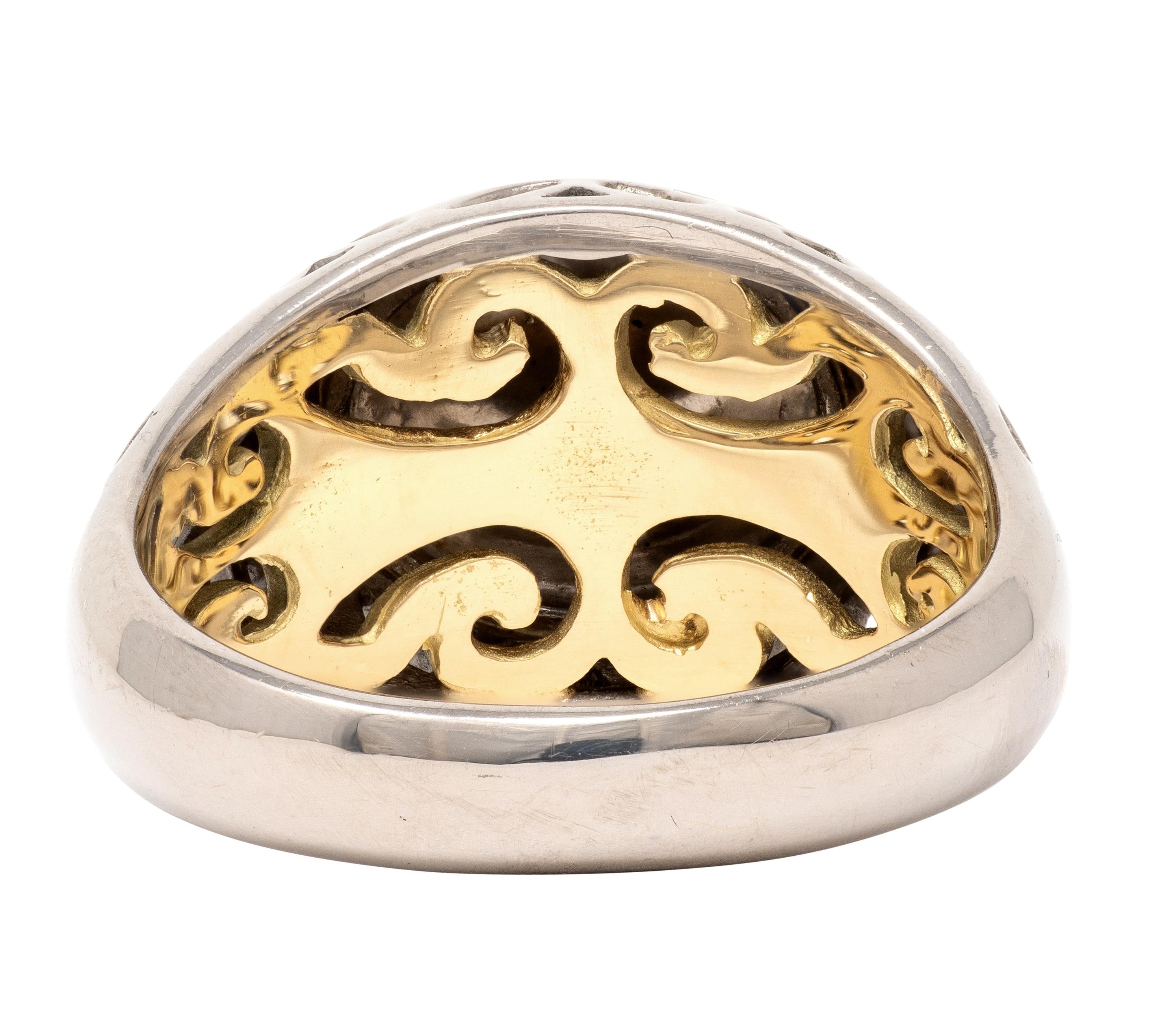 B & H 2000's Opal Diamond 18 Karat Two-Tone Gold Contemporary Foliate Halo Ring