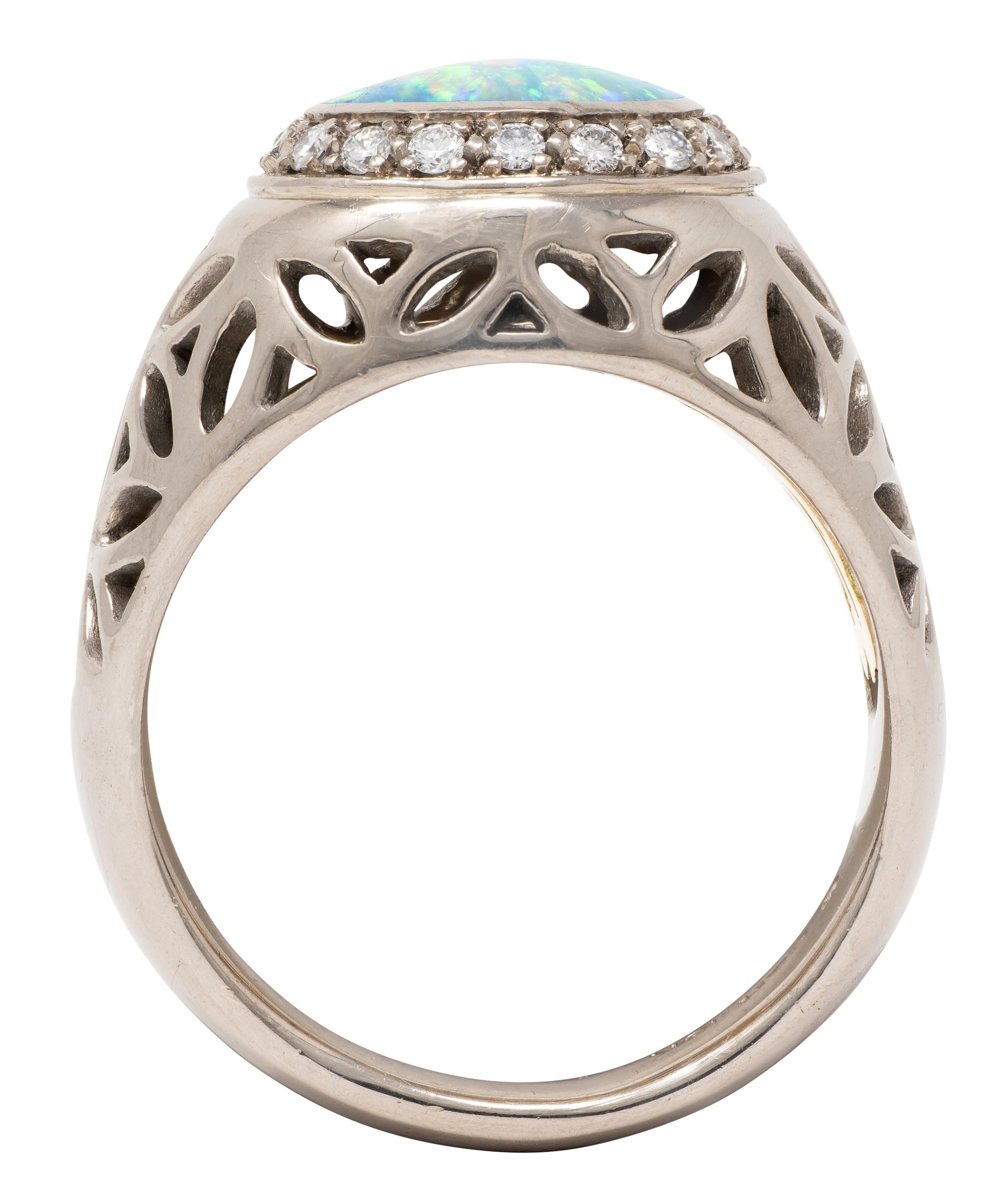 B & H 2000's Opal Diamond 18 Karat Two-Tone Gold Contemporary Foliate Halo Ring