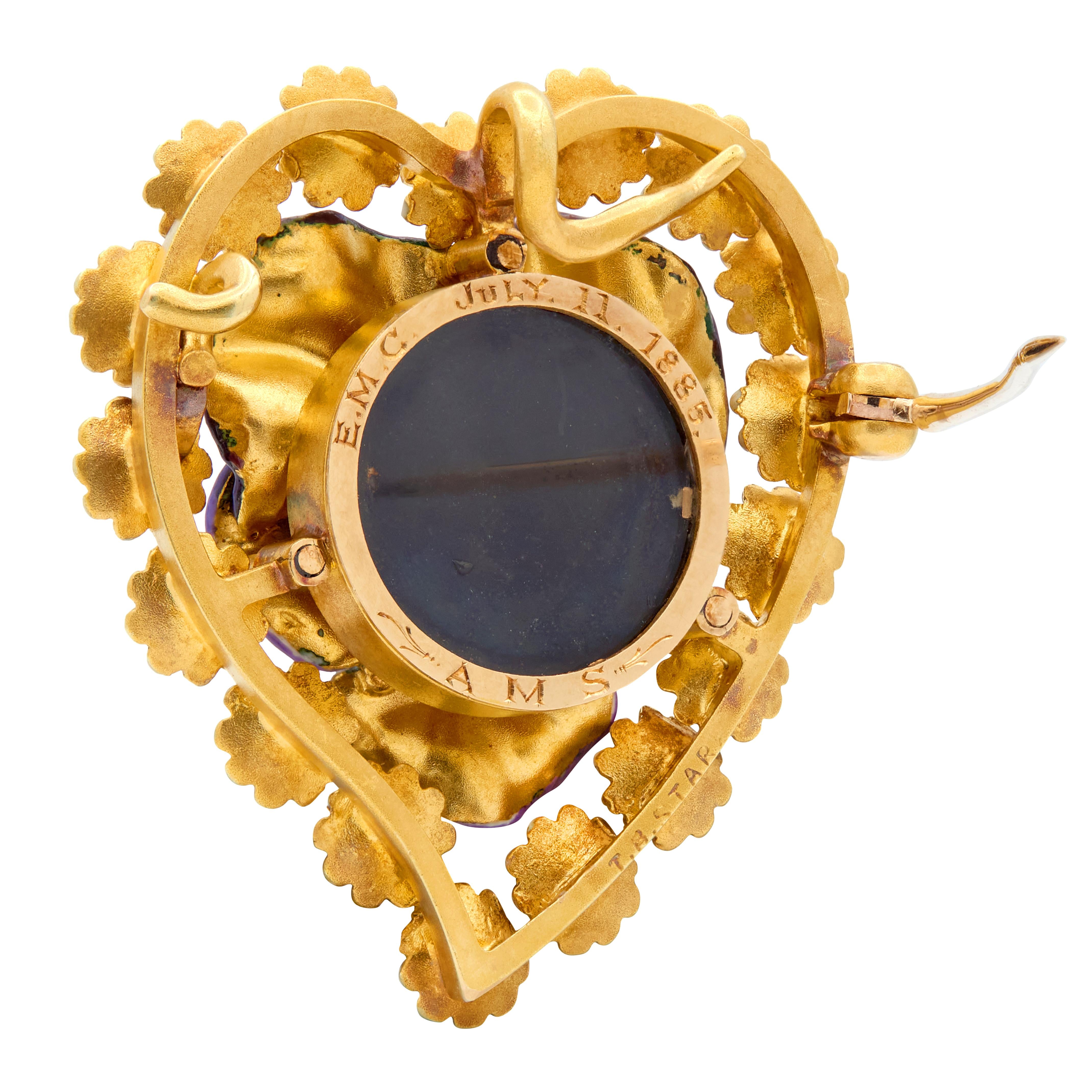 T.B. Starr Victorian 1885 Diamond Enamel 14K Gold Antique Pansy Daisy Brooch