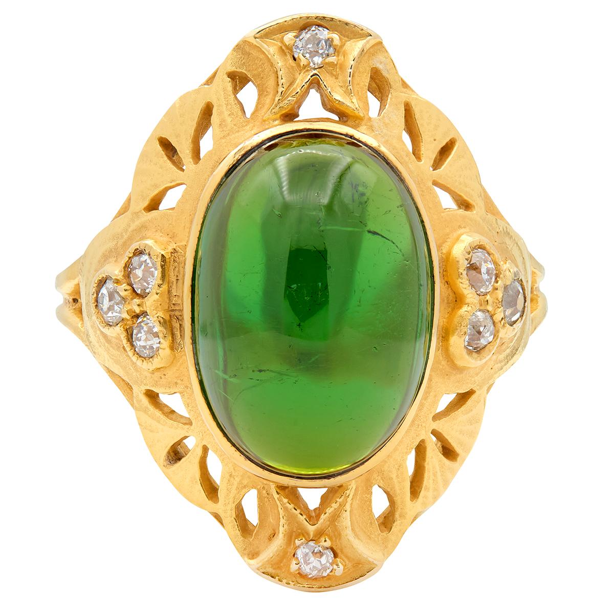Art Nouveau Tourmaline Diamond 14 Karat Yellow Gold Antique Ginkgo Leaf Ring