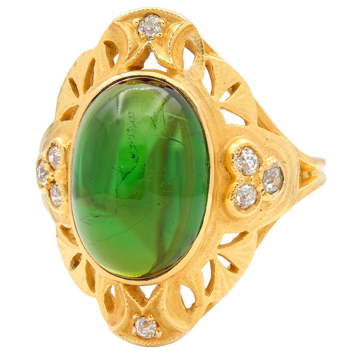 Art Nouveau Tourmaline Diamond 14 Karat Yellow Gold Antique Ginkgo Leaf Ring