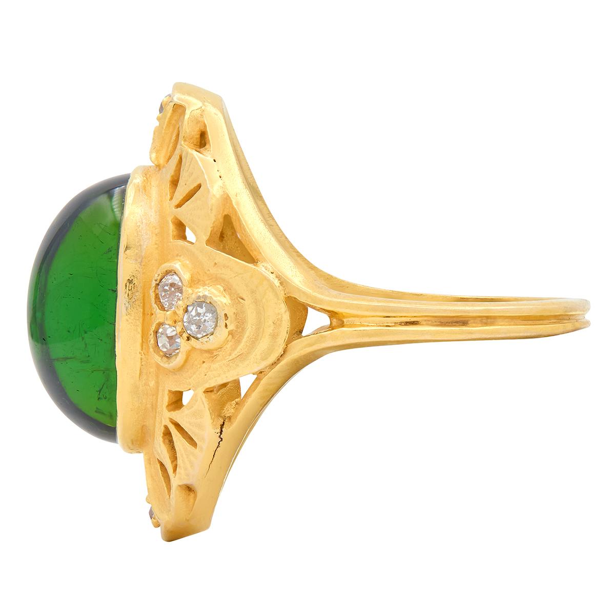 Art Nouveau Tourmaline Diamond 14 Karat Yellow Gold Antique Ginkgo Leaf Ring