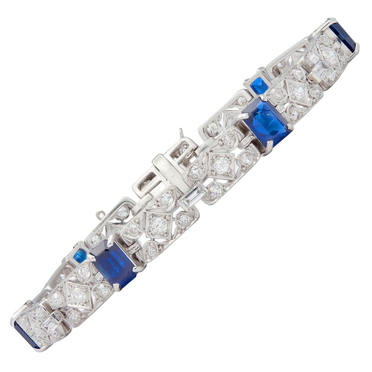 Art Deco Diamond Sapphire Platinum Vintage Geometric Line Bracelet