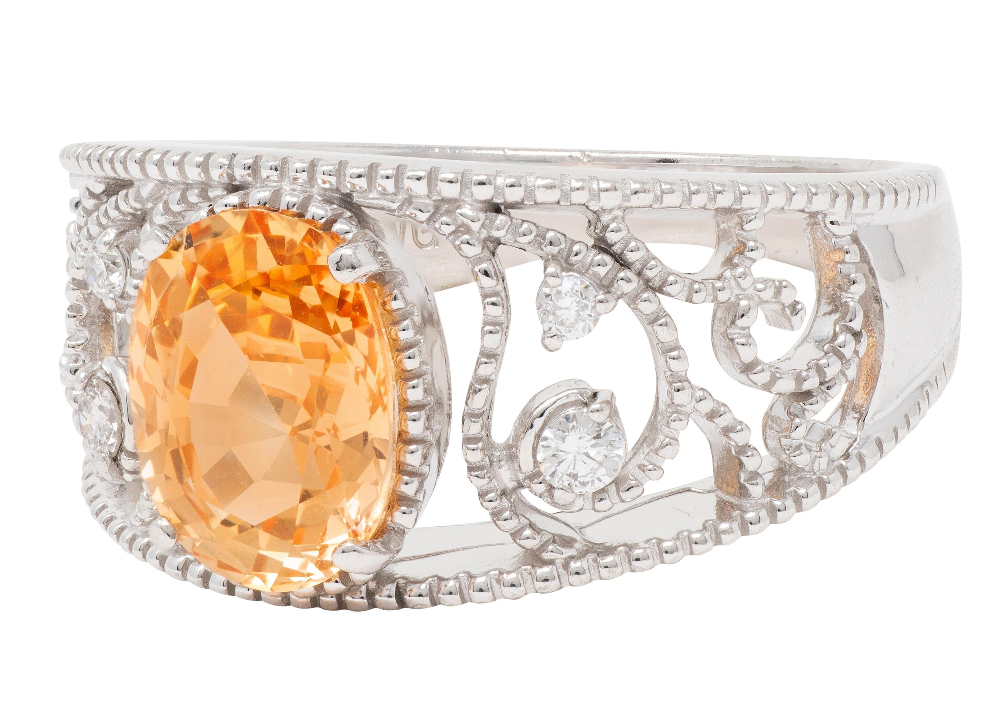 2010's No Heat Ceylon Orange Sapphire 18 Karat White Gold Scrolling Ring GIA