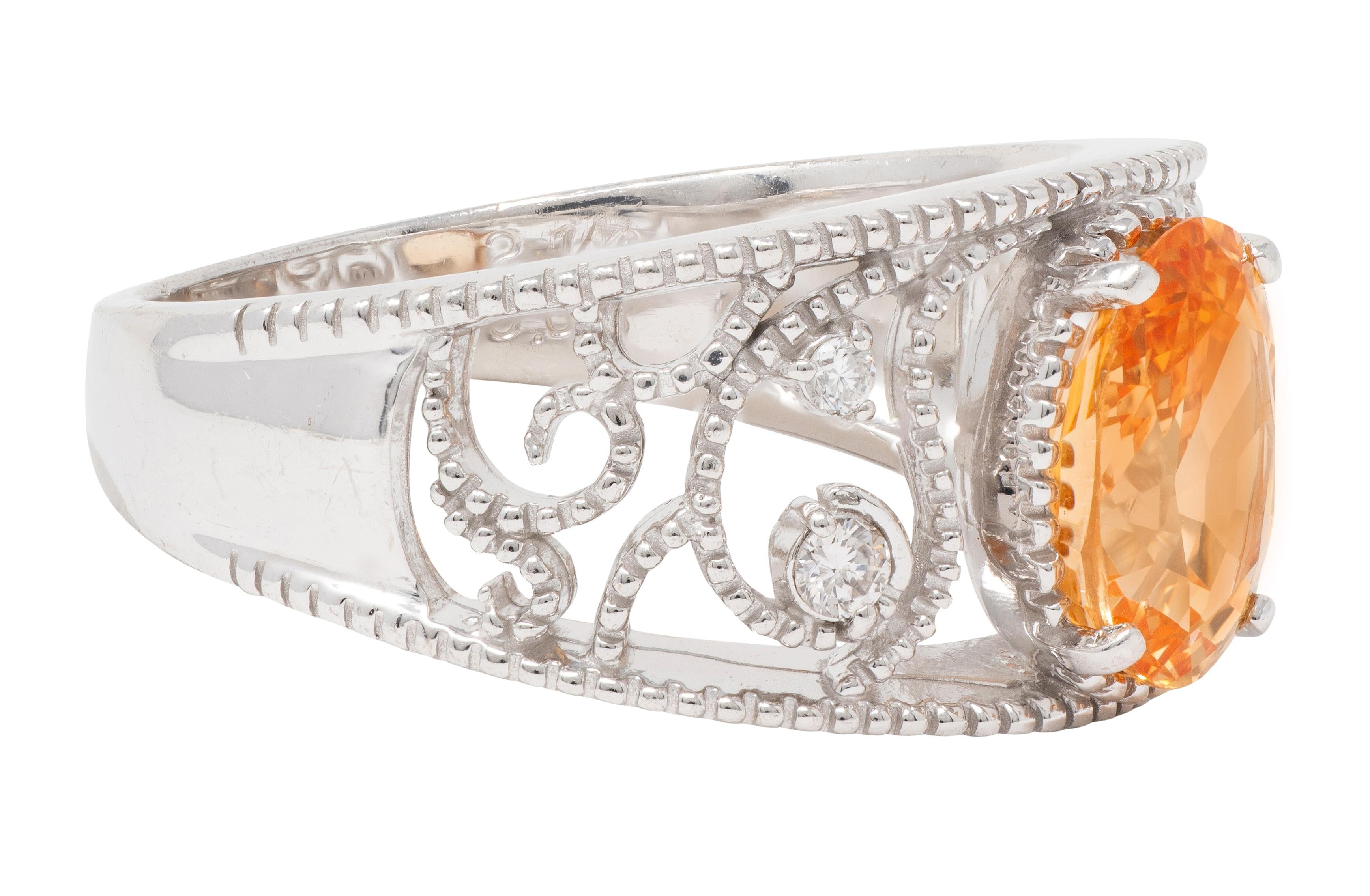 2010's No Heat Ceylon Orange Sapphire 18 Karat White Gold Scrolling Ring GIA
