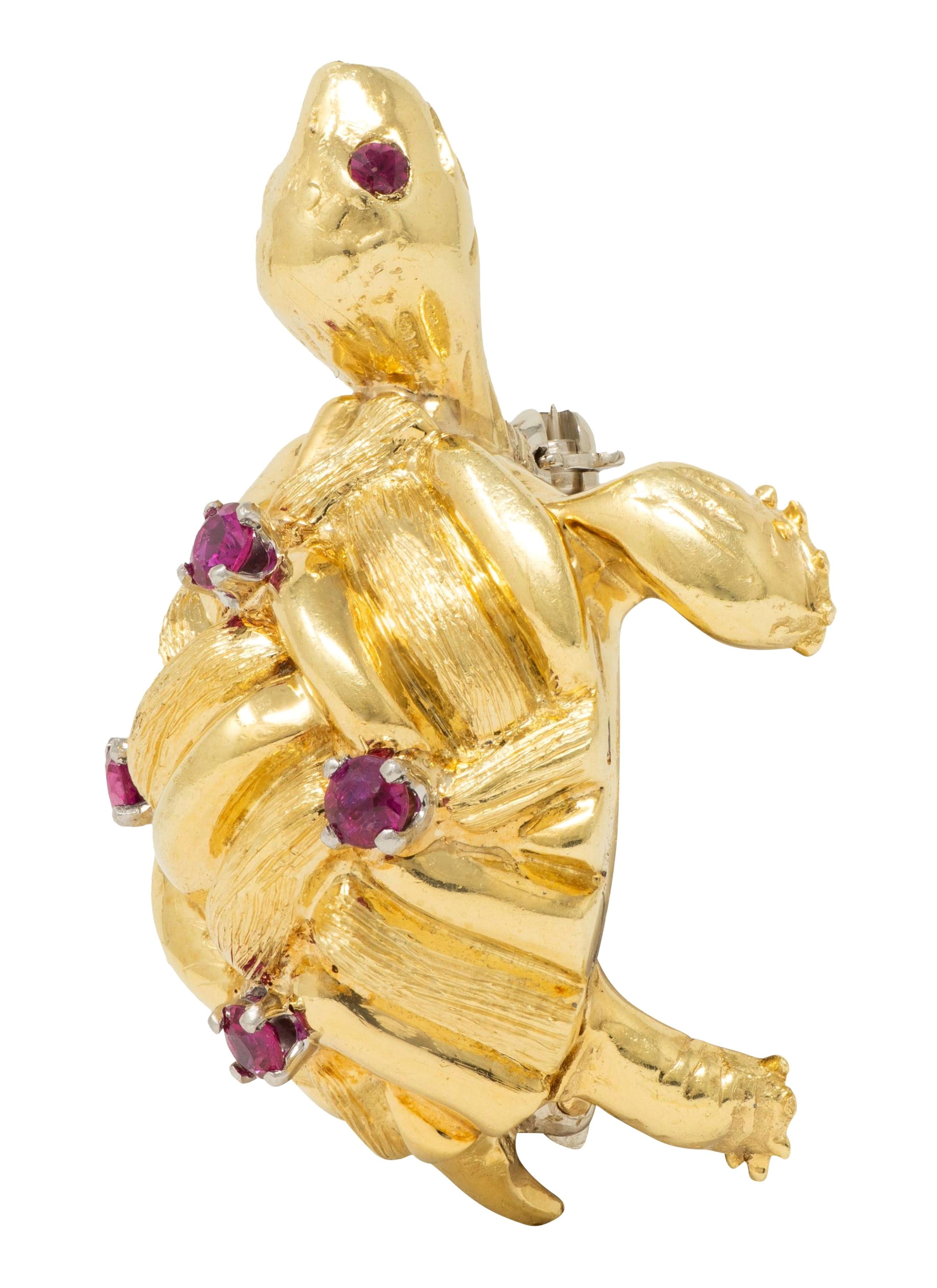 Cartier 1960's Ruby 18 Karat Two-Tone Yellow Gold Vintage Turtle Brooch