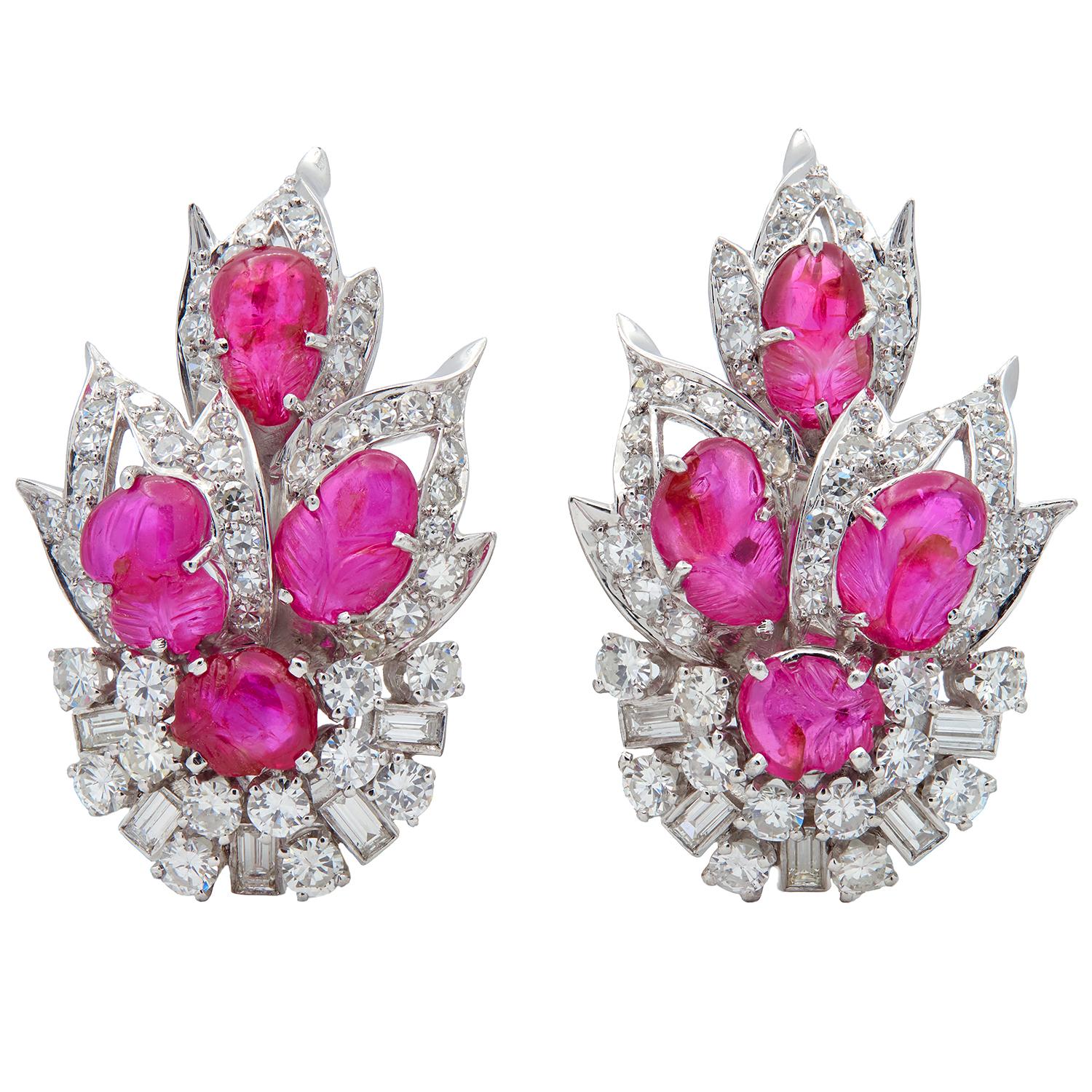 Mid-Century 10.75 CTW Carved Ruby Diamond Platinum Vintage Foliate Spray Earring