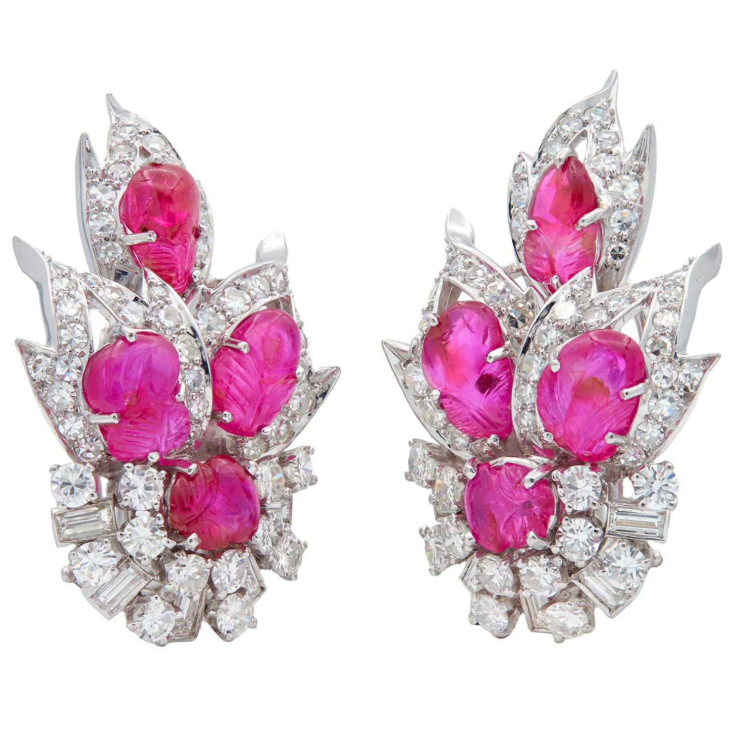 Mid-Century 10.75 CTW Carved Ruby Diamond Platinum Vintage Foliate Spray Earring