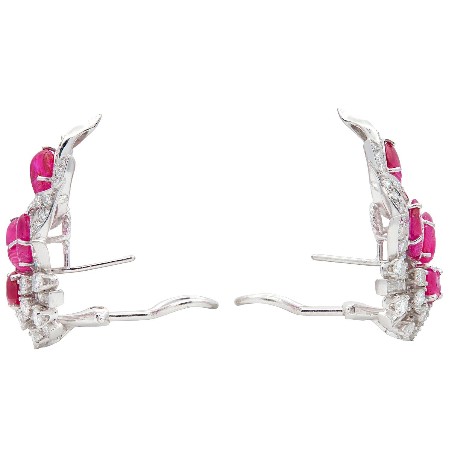 Mid-Century 10.75 CTW Carved Ruby Diamond Platinum Vintage Foliate Spray Earring