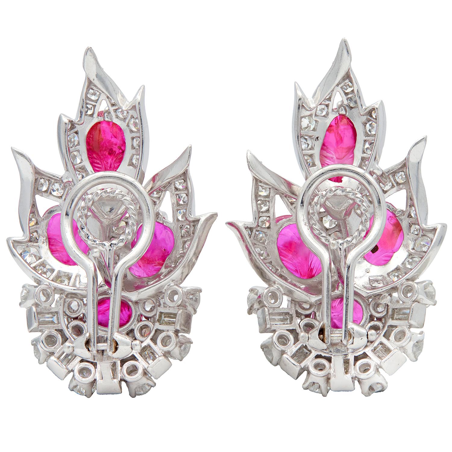 Mid-Century 10.75 CTW Carved Ruby Diamond Platinum Vintage Foliate Spray Earring