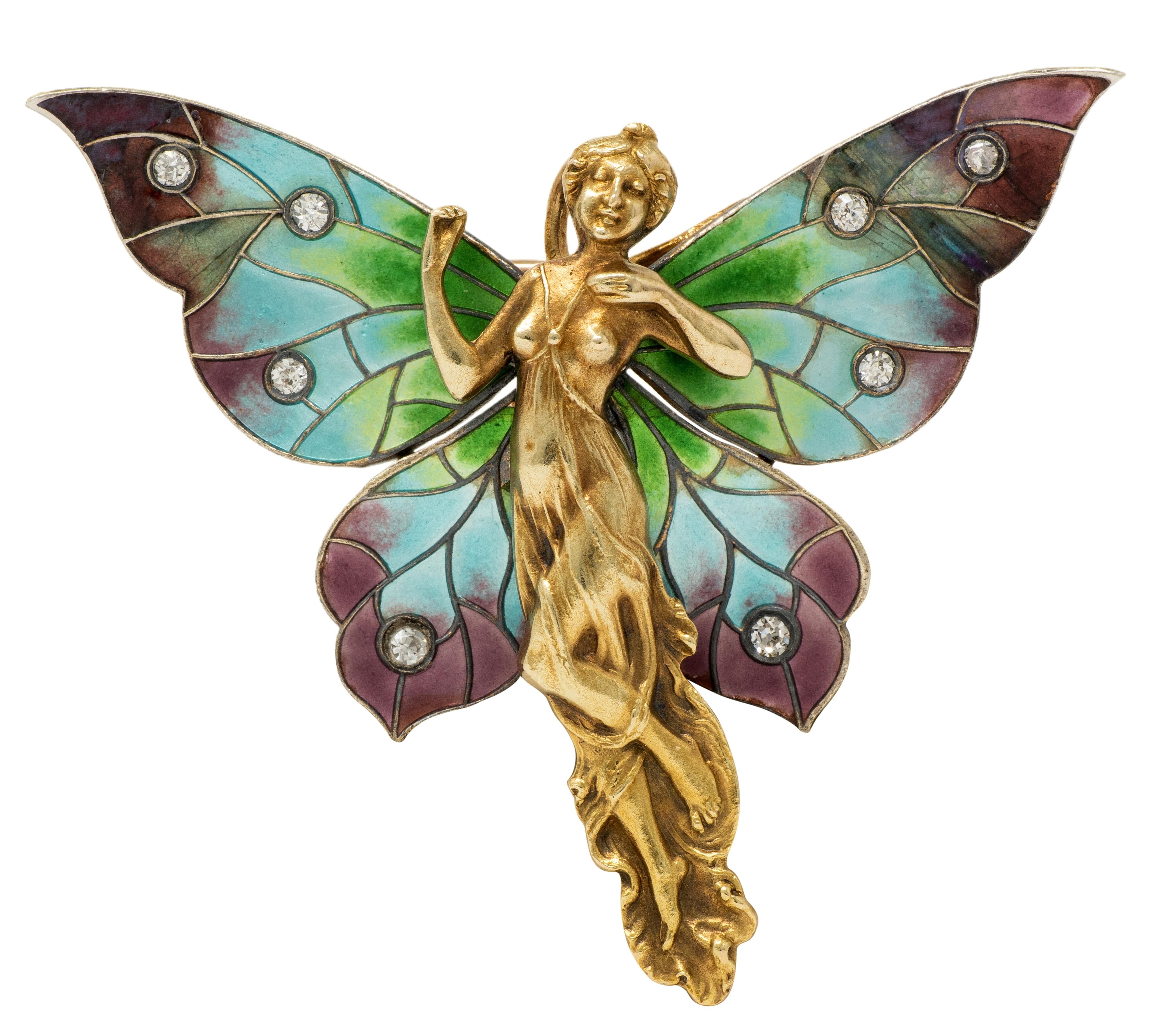 Art Nouveau Diamond Enamel 14 Karat Gold Antique Gibson Girl Fairy Brooch