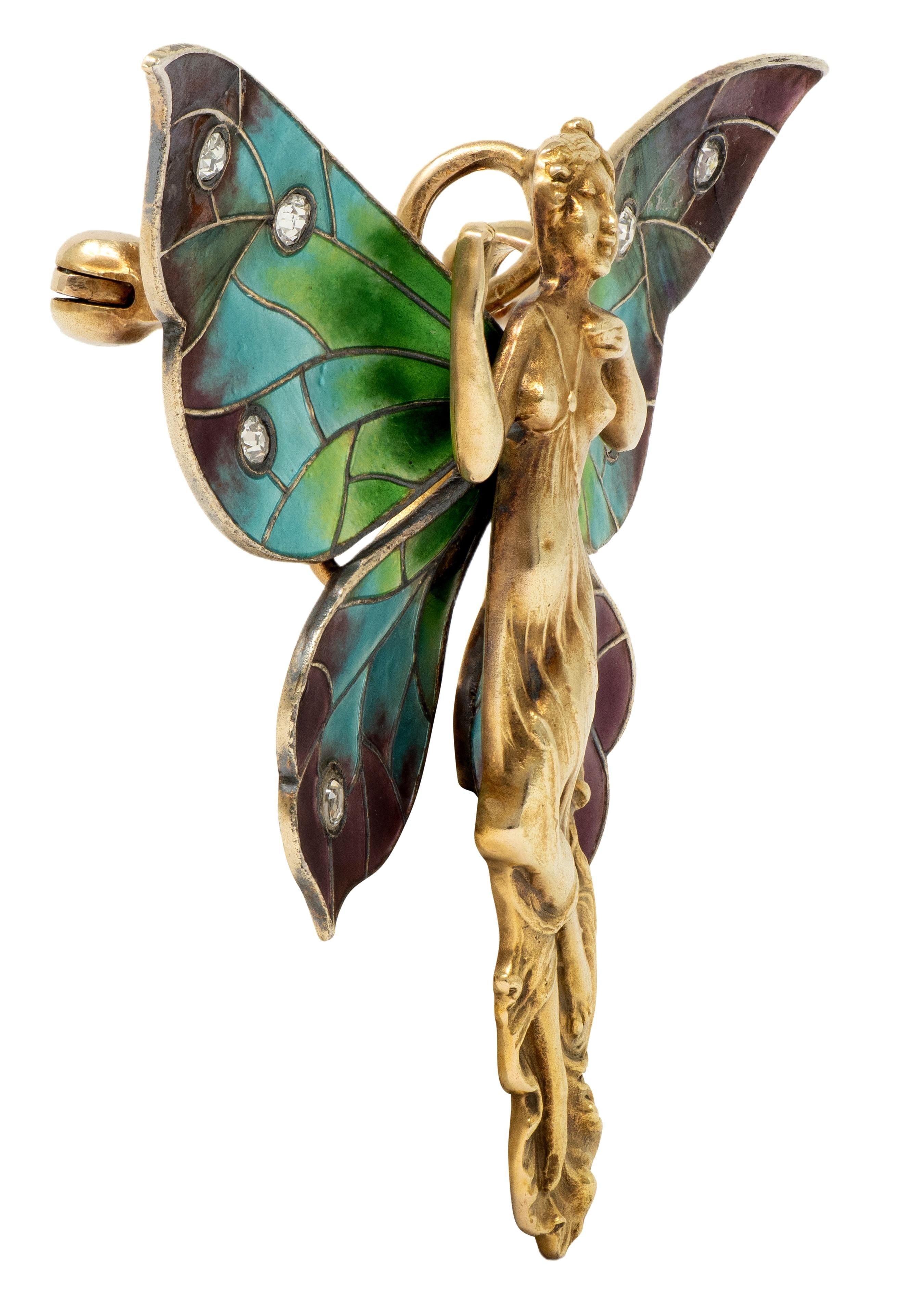 Art Nouveau Diamond Enamel 14 Karat Gold Antique Gibson Girl Fairy Brooch