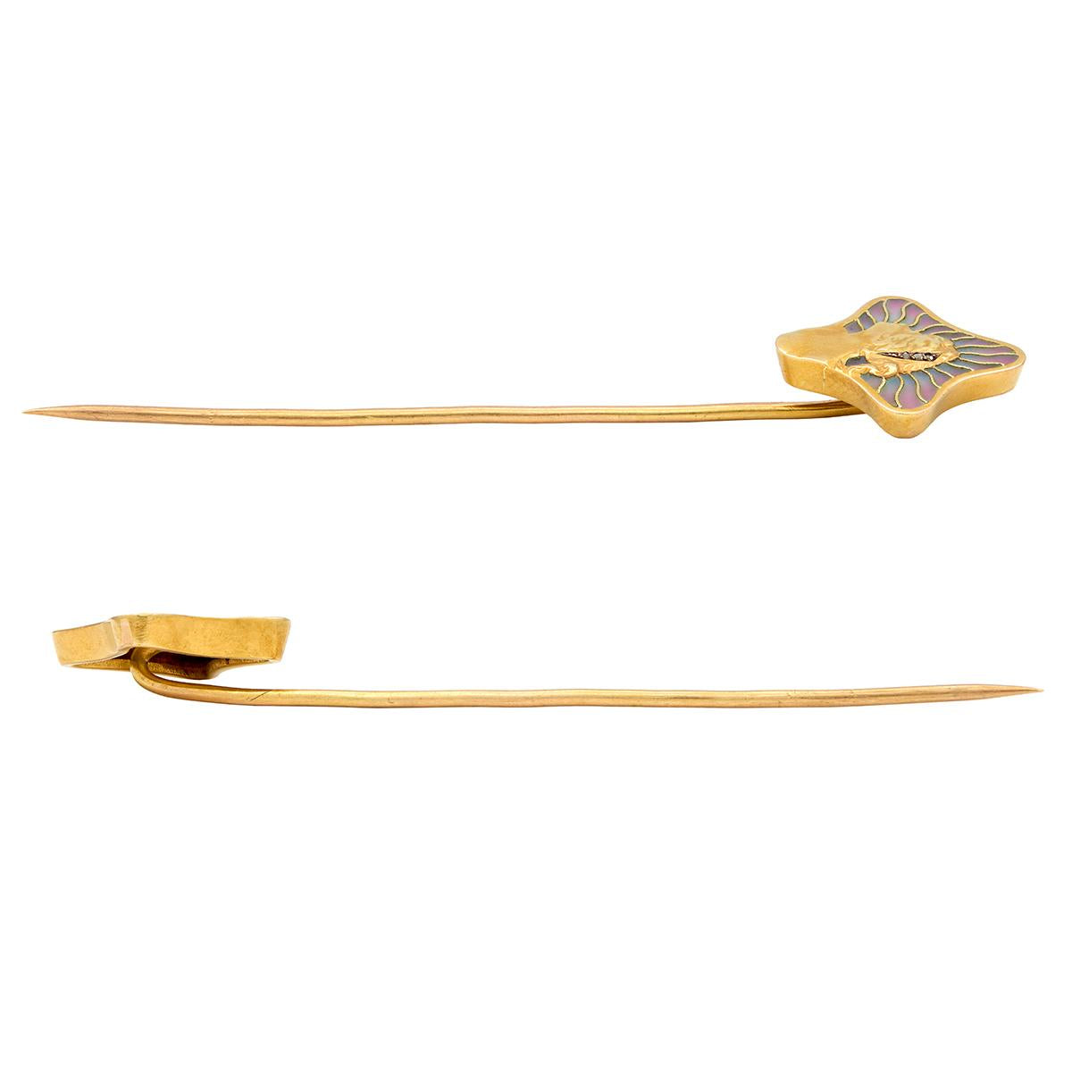 Art Nouveau Diamond Plique-A-Jour Enamel 18K Gold Antique Gibson Girl Stickpin