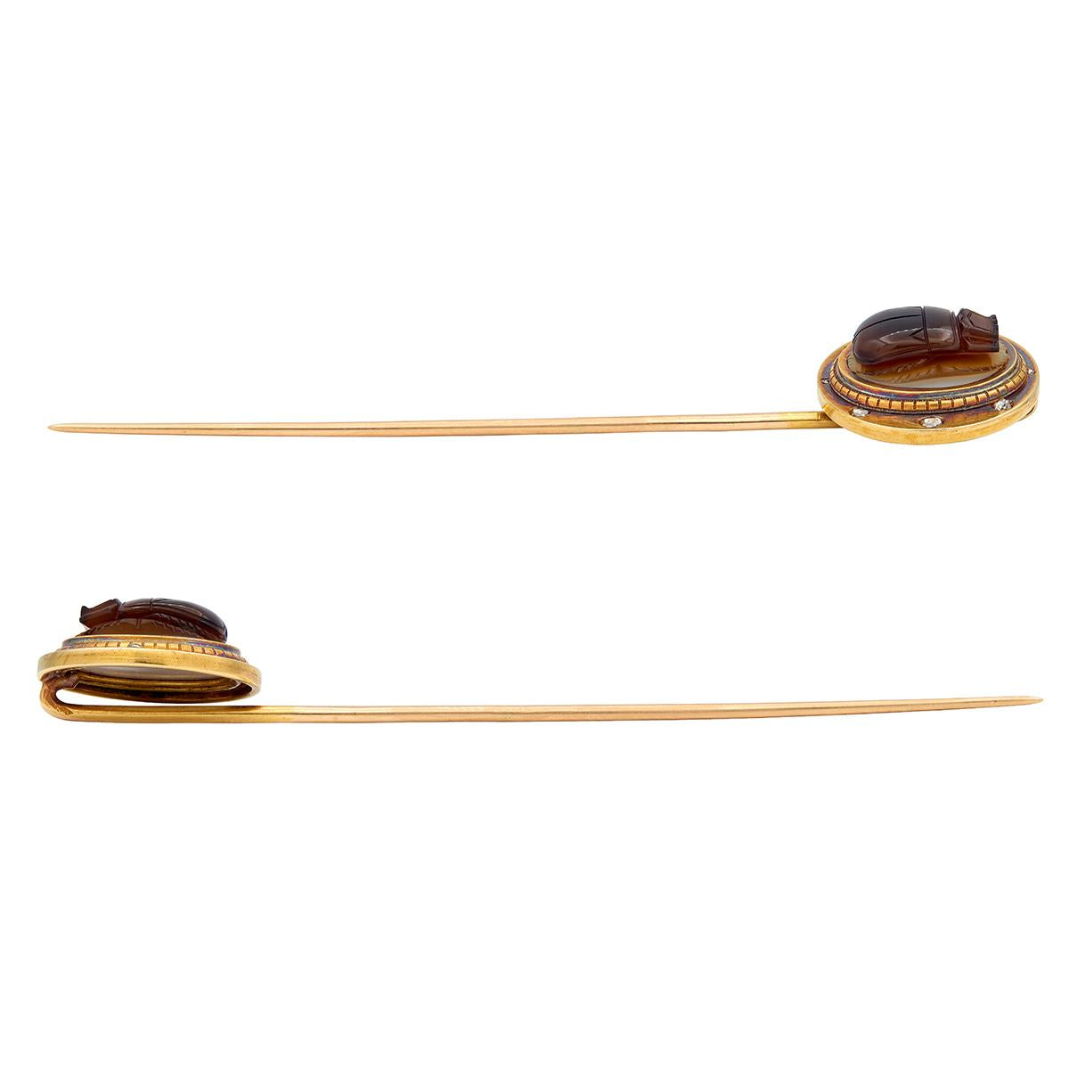 Victorian Egyptian Revival Diamond Agate 18K Gold Antique Scarab Beetle Stickpin