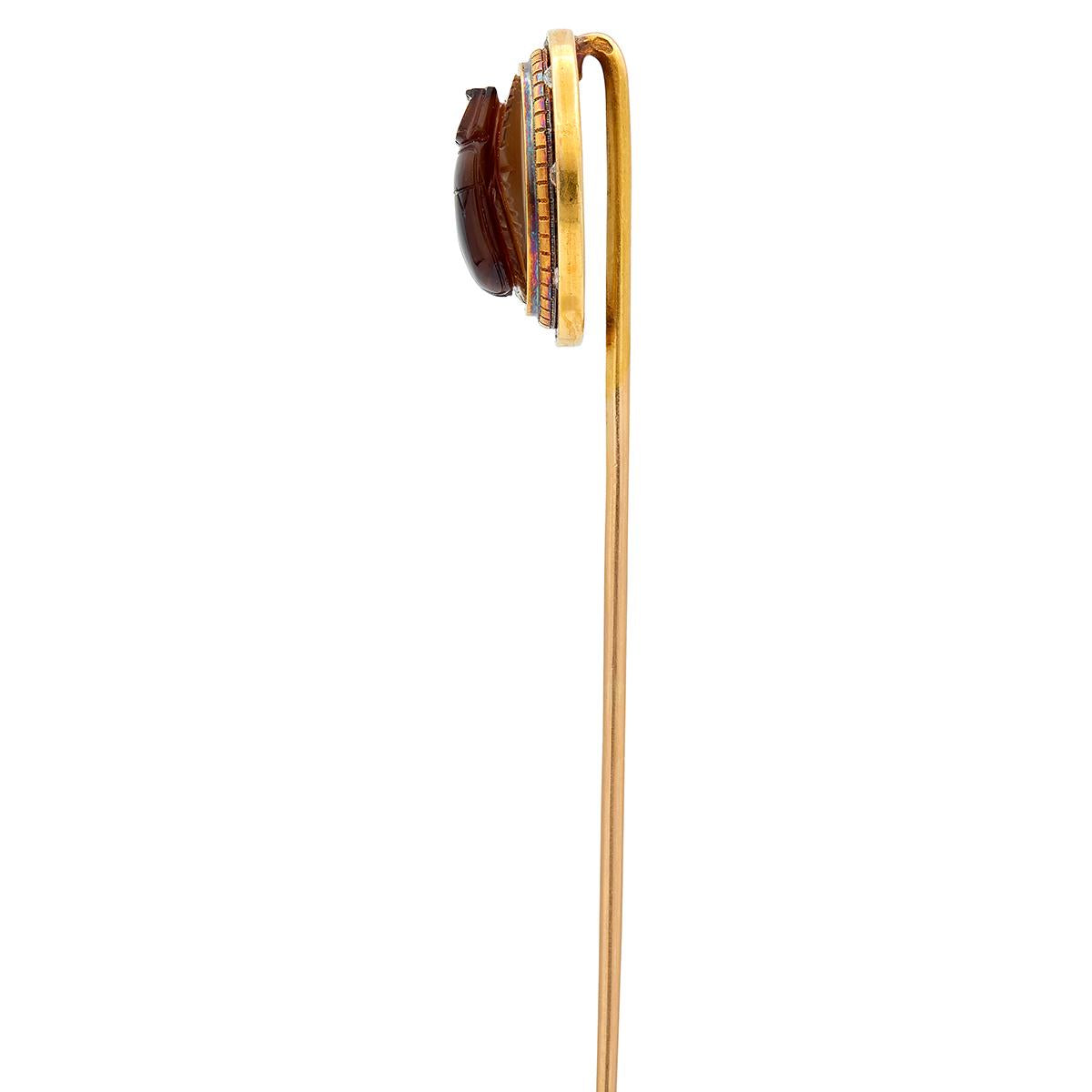 Victorian Egyptian Revival Diamond Agate 18K Gold Antique Scarab Beetle Stickpin