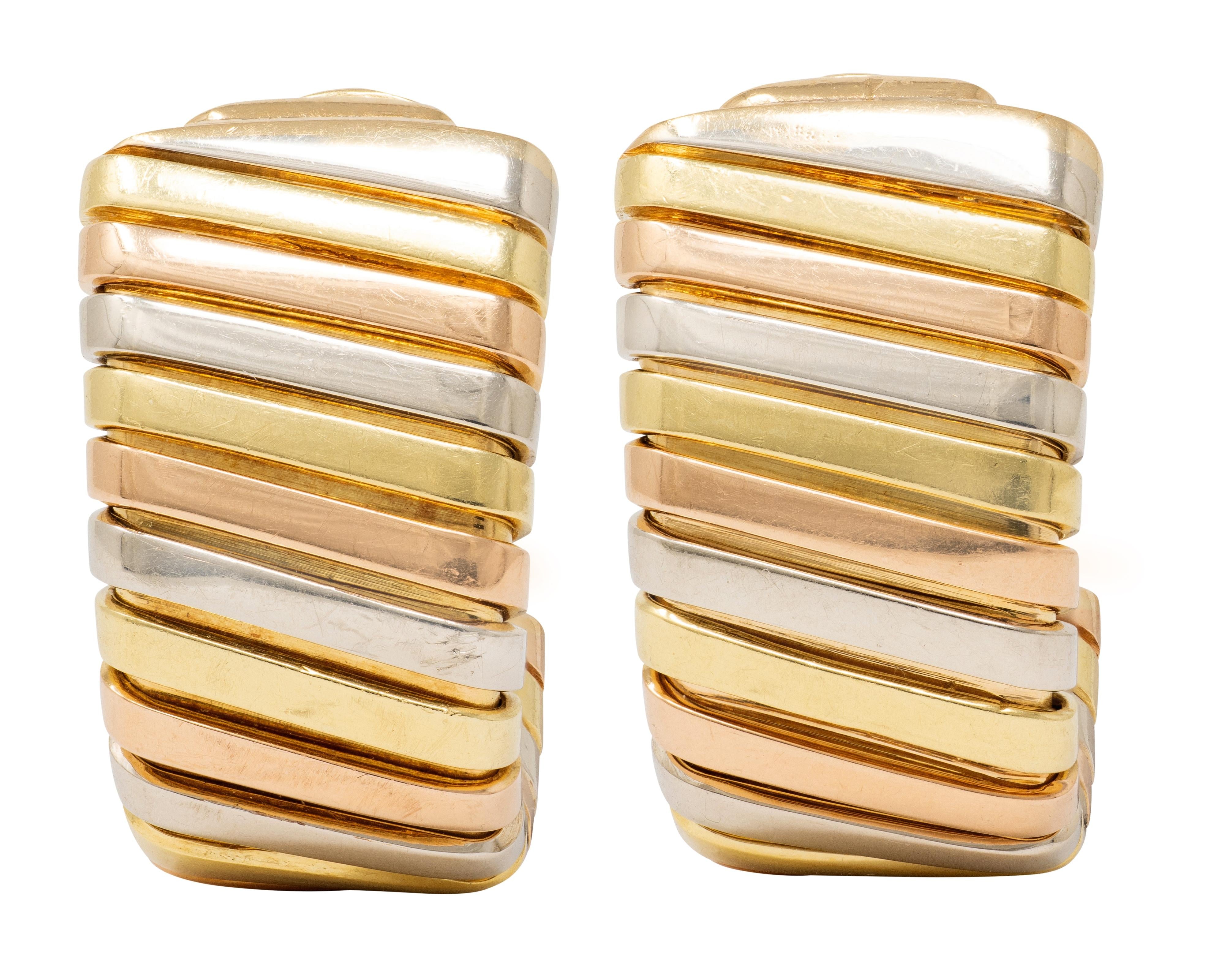 Bulgari 1980's 18K Tri-Colored Gold Vintage Tubogas J-Hoop Ear-Clip Earrings