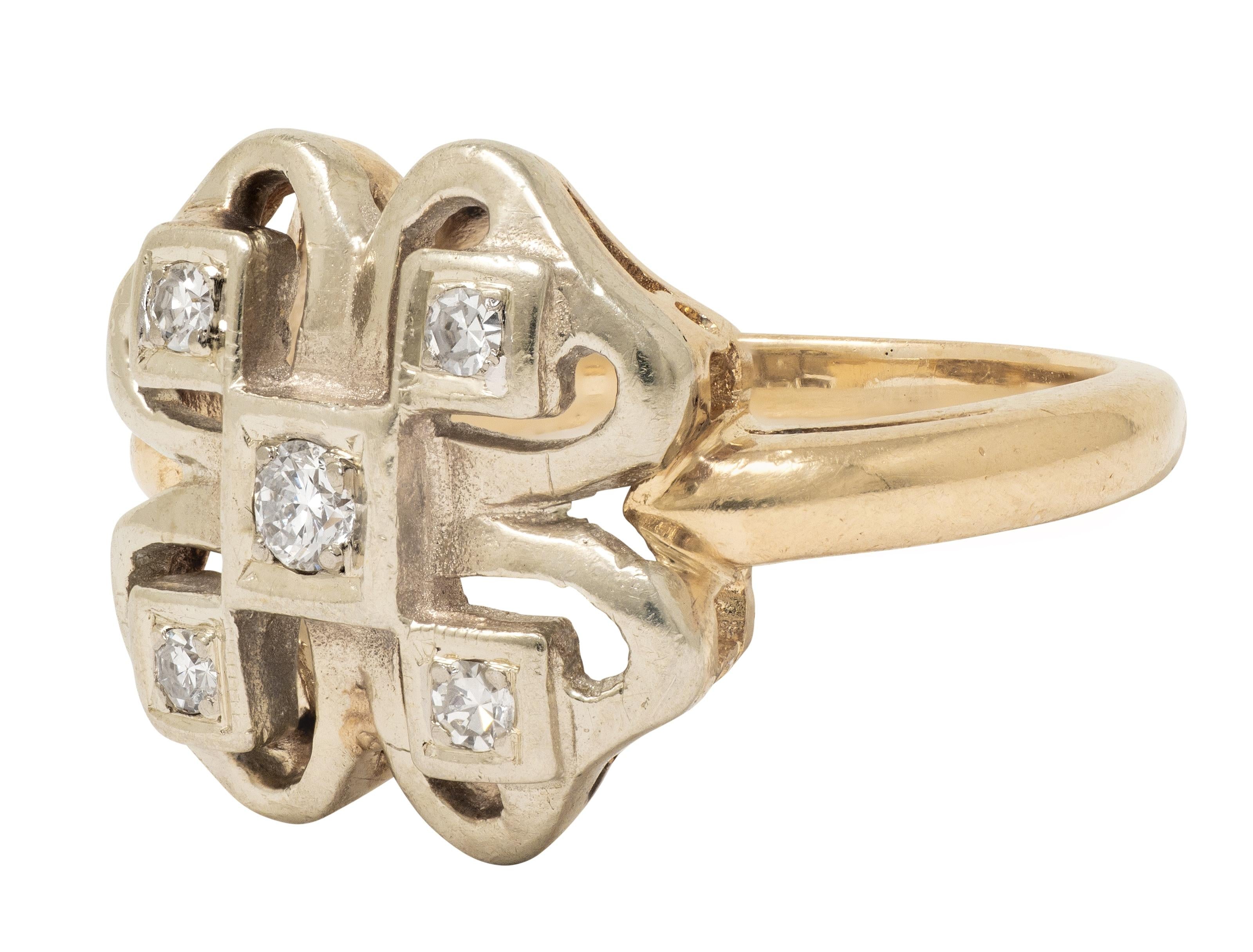 Retro Diamond 14 Karat Two-Tone Gold Vintage Four Leaf Clover Dinner Ring