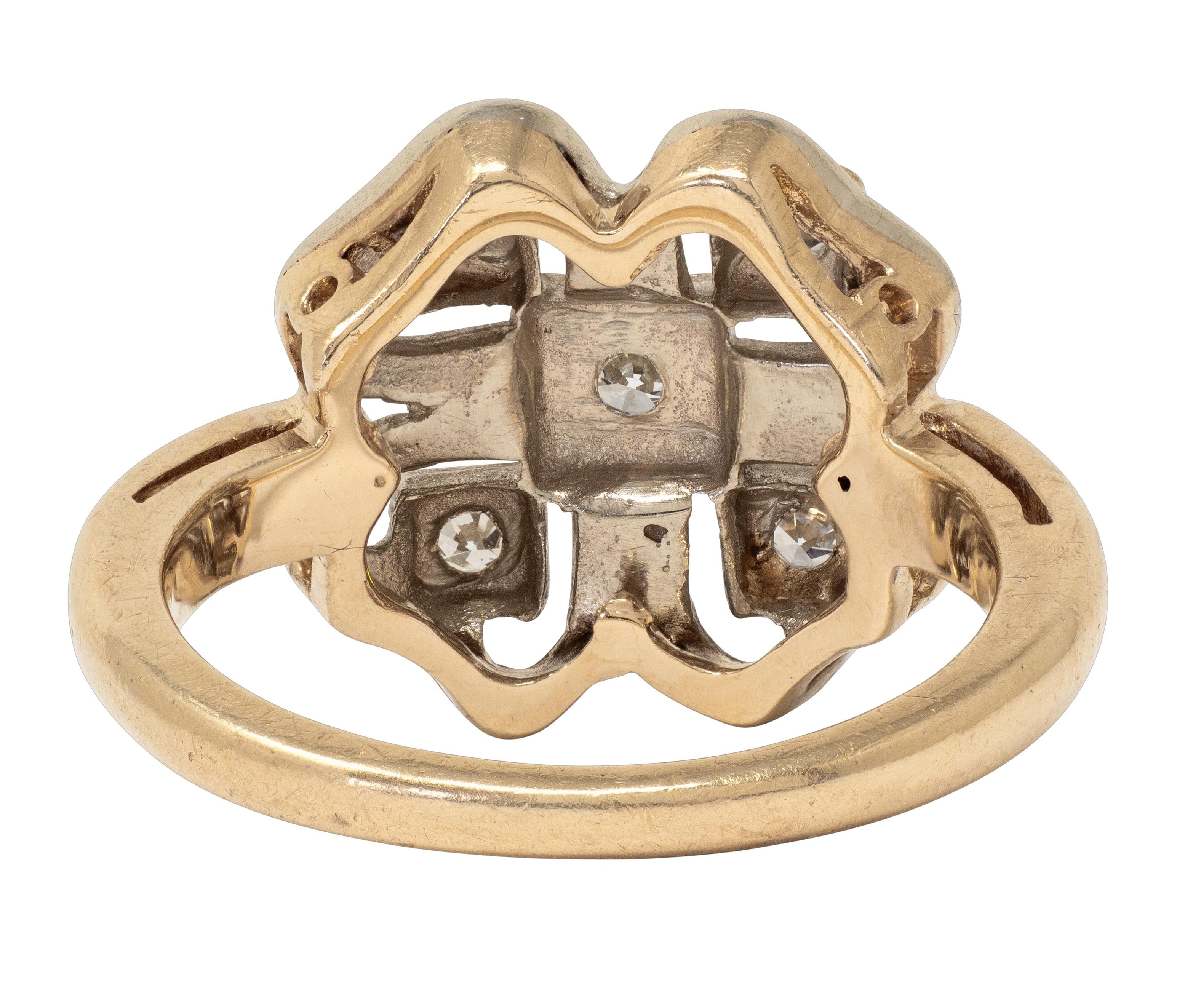 Retro Diamond 14 Karat Two-Tone Gold Vintage Four Leaf Clover Dinner Ring
