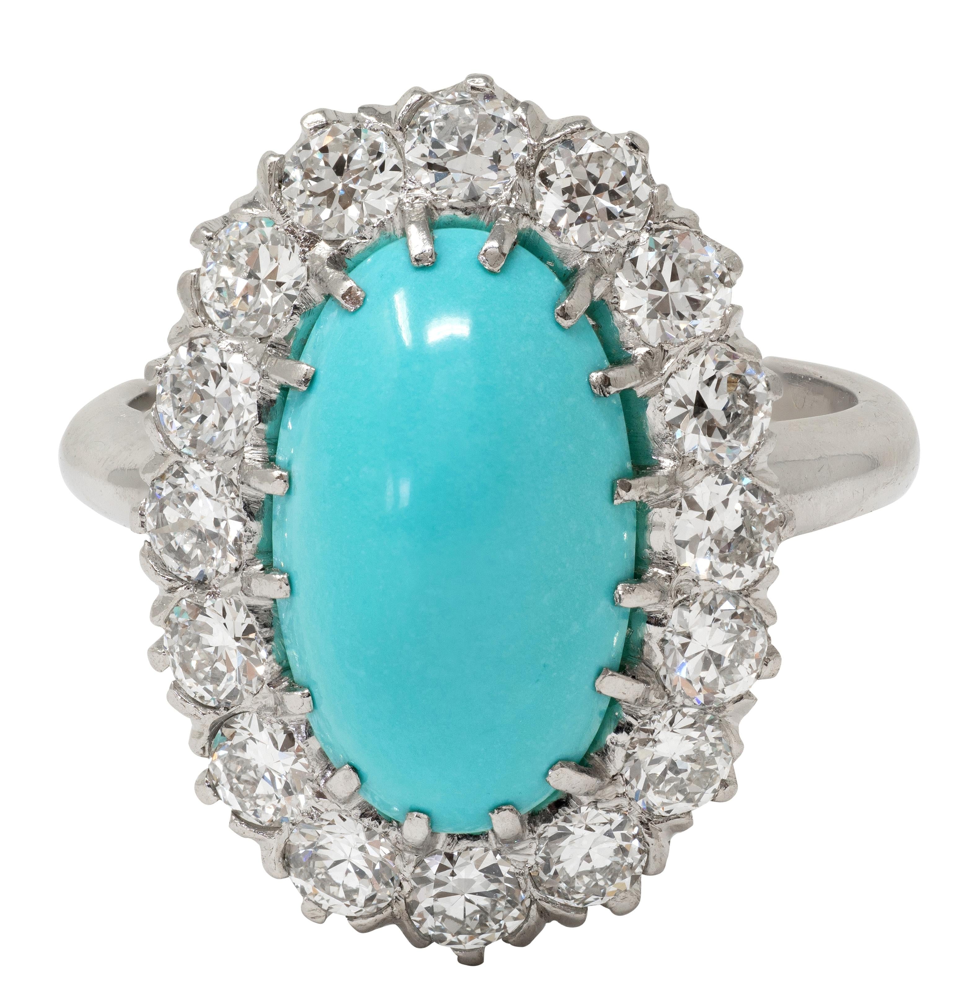 Art Deco 1.12 CTW Turquoise Cabochon Diamond Platinum Vintage Halo Ring