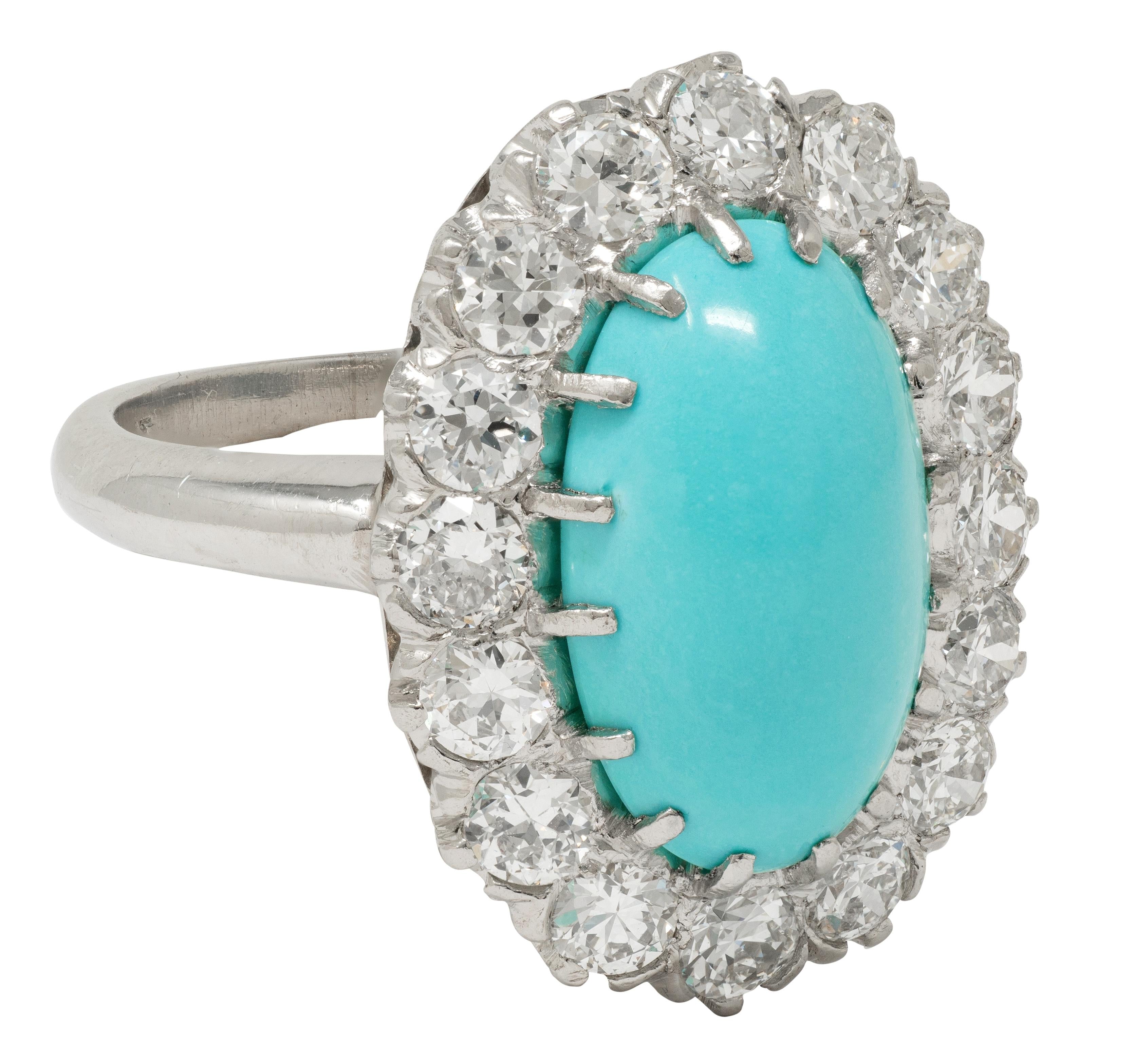 Art Deco 1.12 CTW Turquoise Cabochon Diamond Platinum Vintage Halo Ring