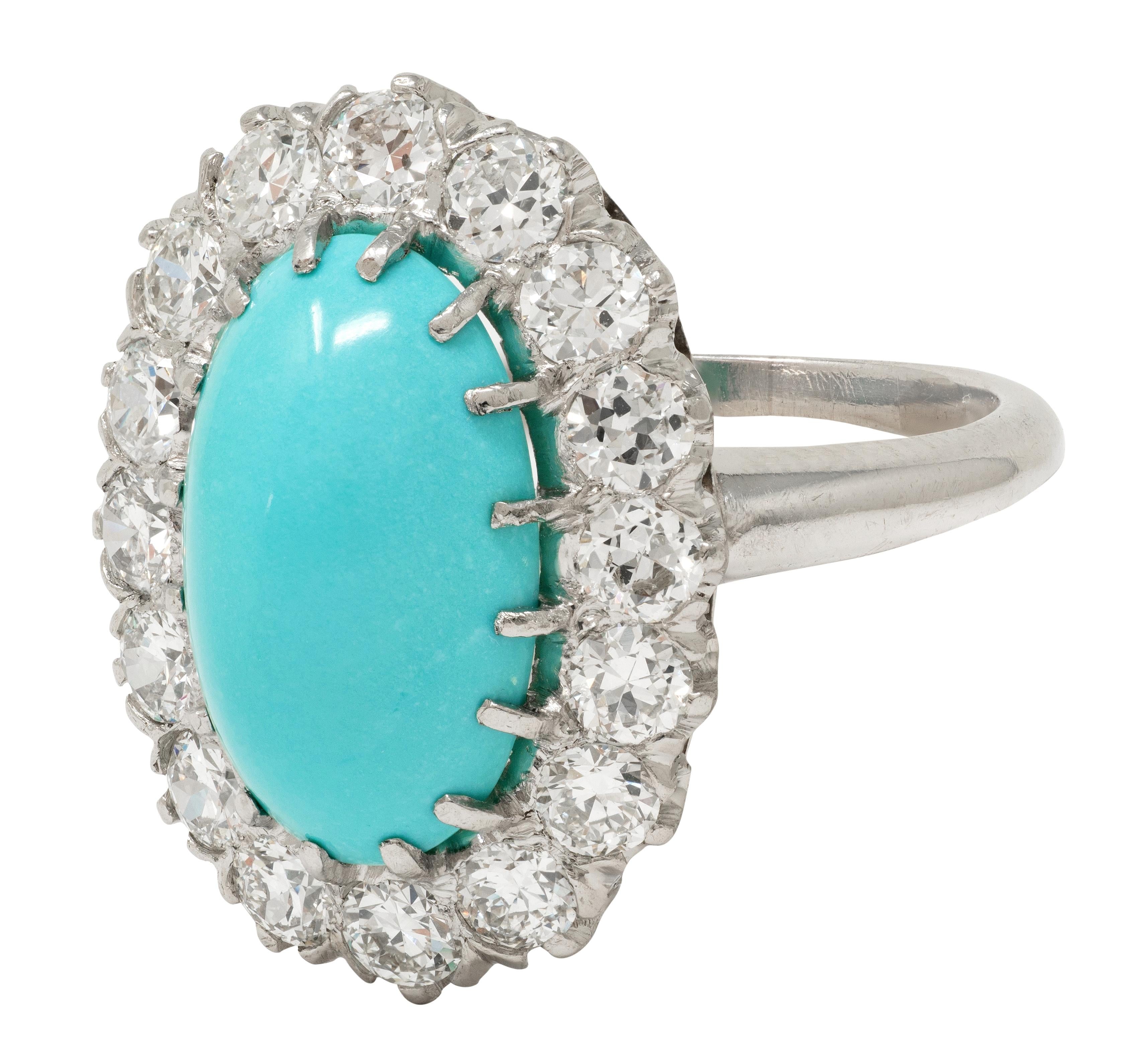 Art Deco 1.12 CTW Turquoise Cabochon Diamond Platinum Vintage Halo Ring