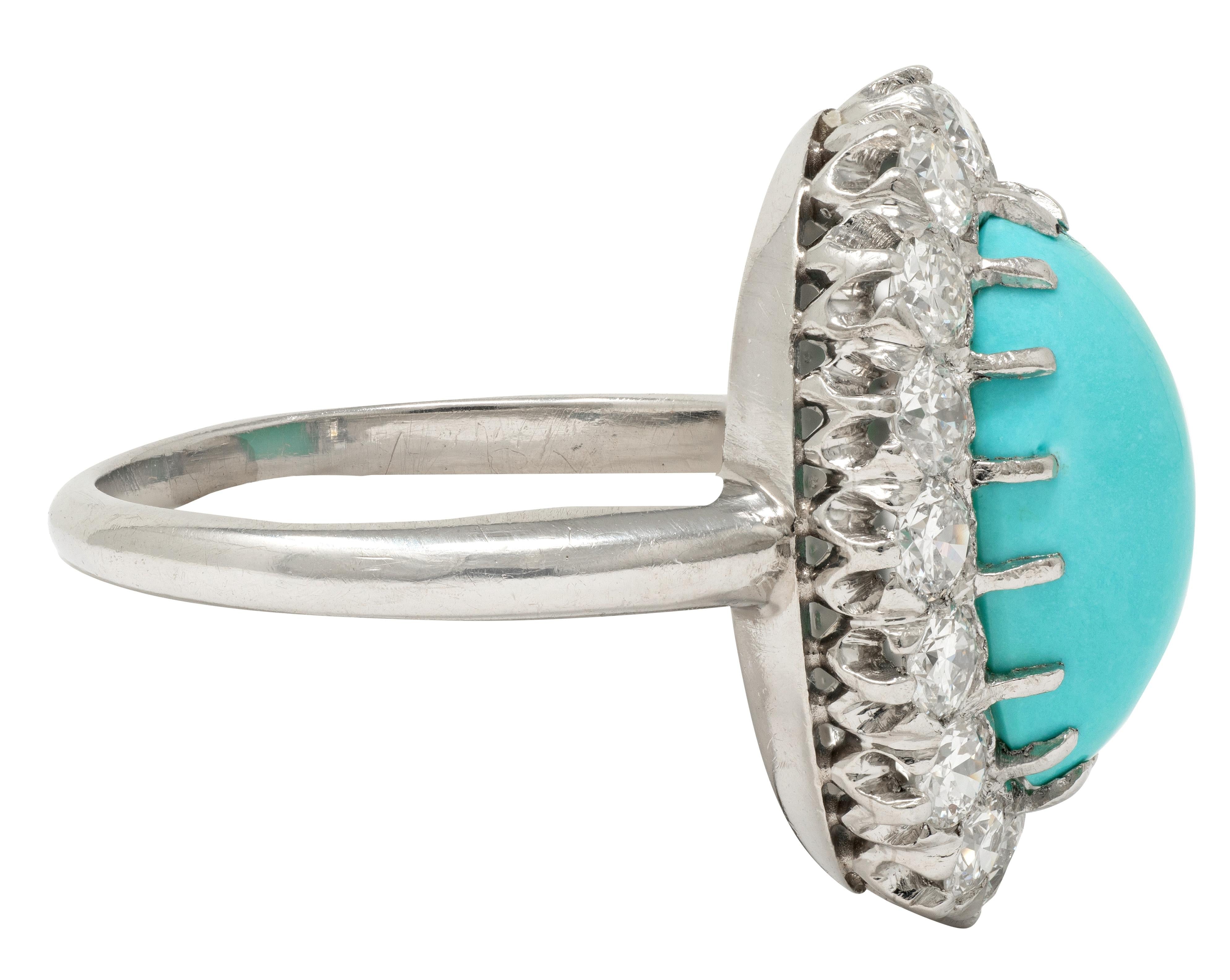 Art Deco 1.12 CTW Turquoise Cabochon Diamond Platinum Vintage Halo Ring