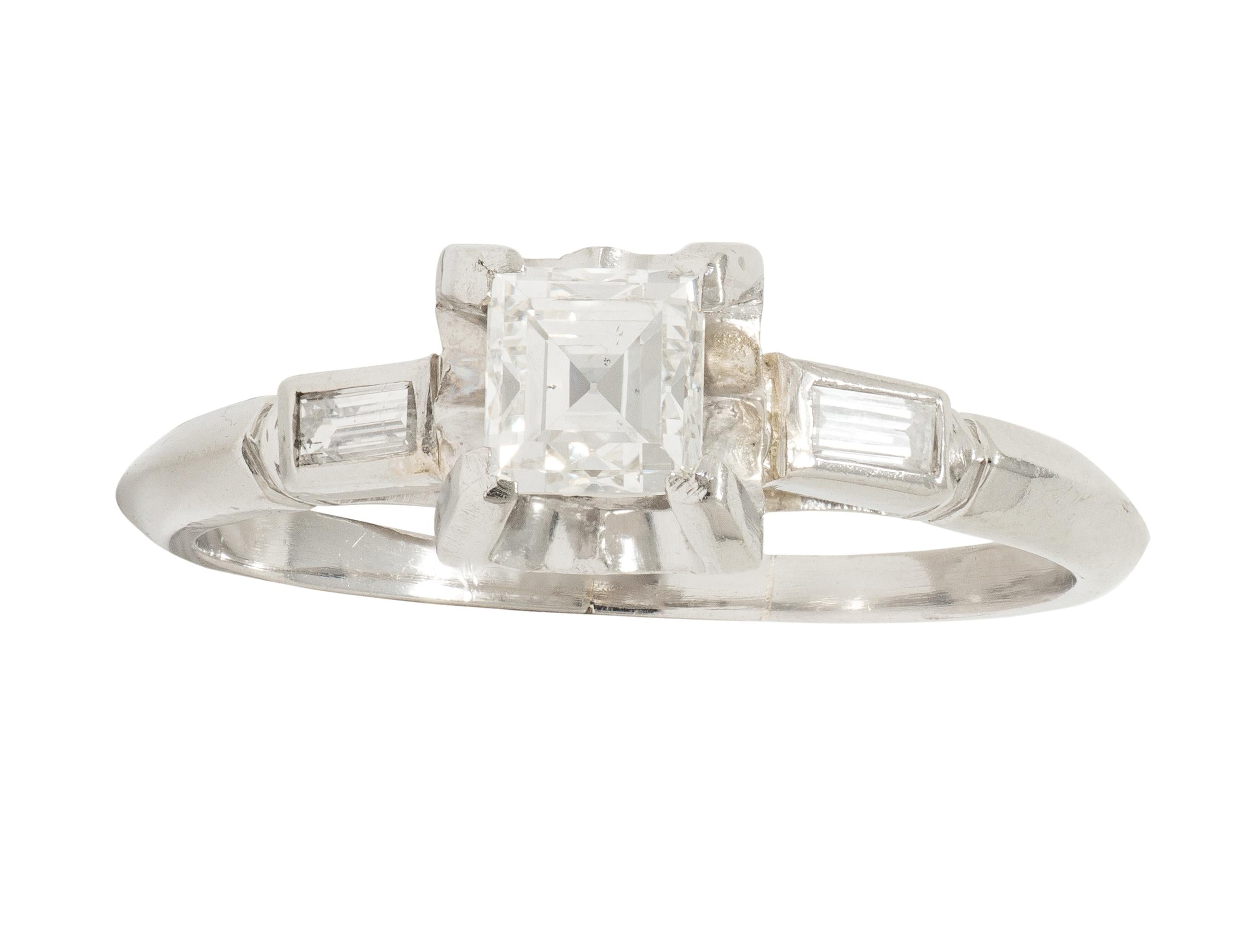 Mid-Century 0.70 CTW Carré Cut Diamond Platinum Vintage Engagement Ring