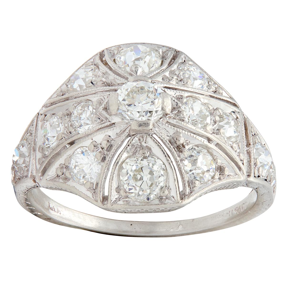 Art Deco Lambert Brothers 1.58 CTW Diamond Platinum Vintage Bombé Dinner Ring