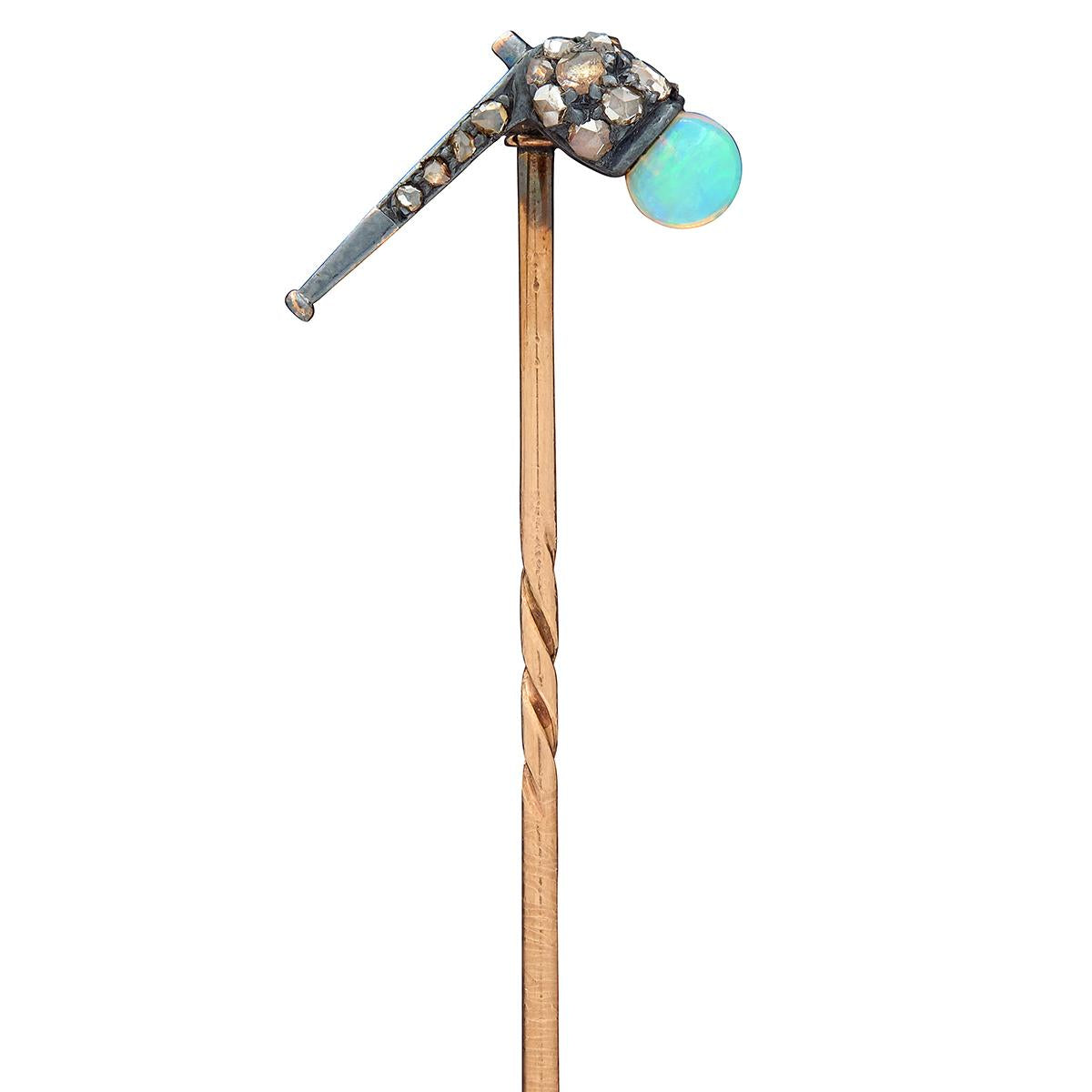 Victorian Opal Diamond Silver-Topped 14 Karat Gold Antique Pipe Stickpin