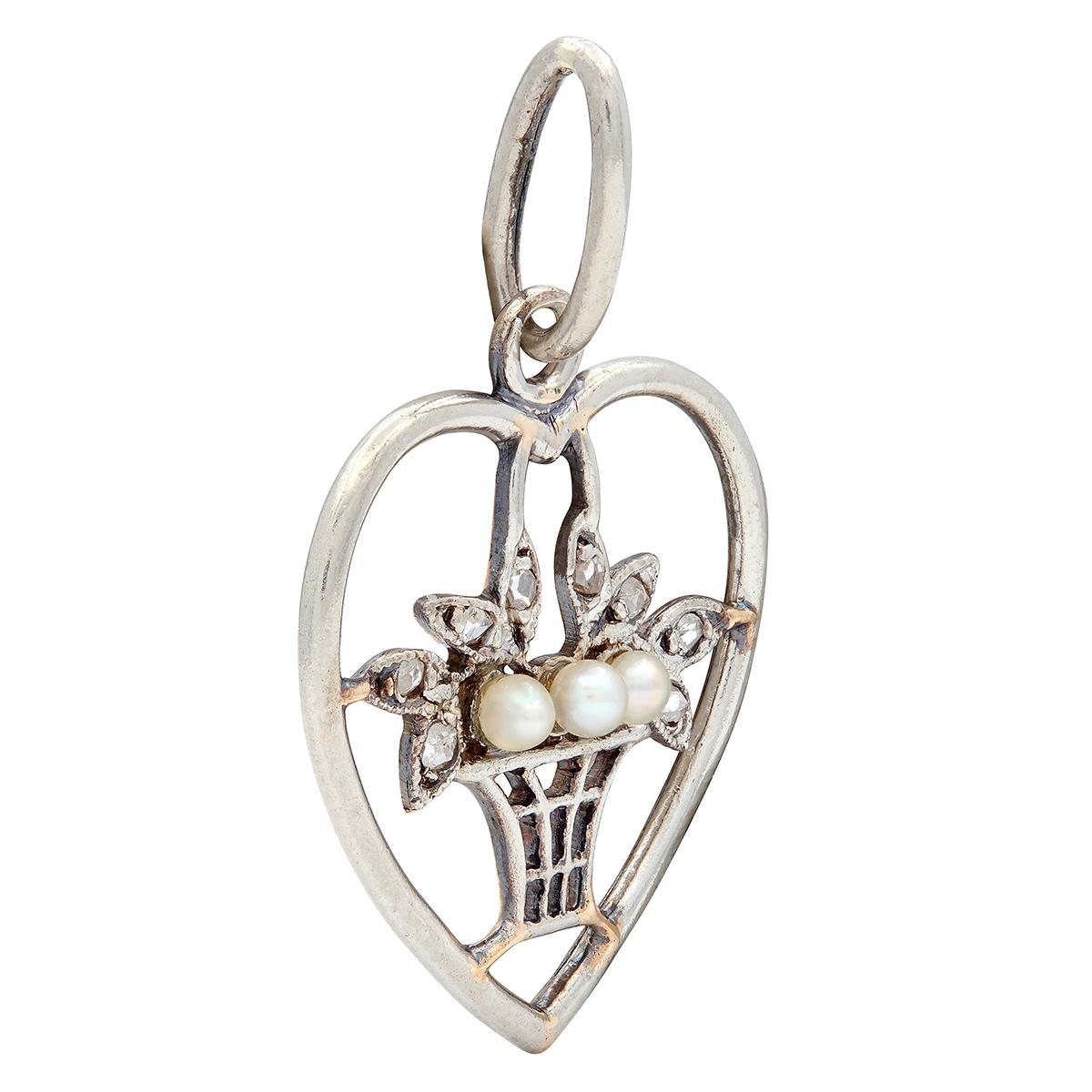 Edwardian Diamond Pearl Platinum 18K Gold Antique Giradinetto Floral Heart Charm