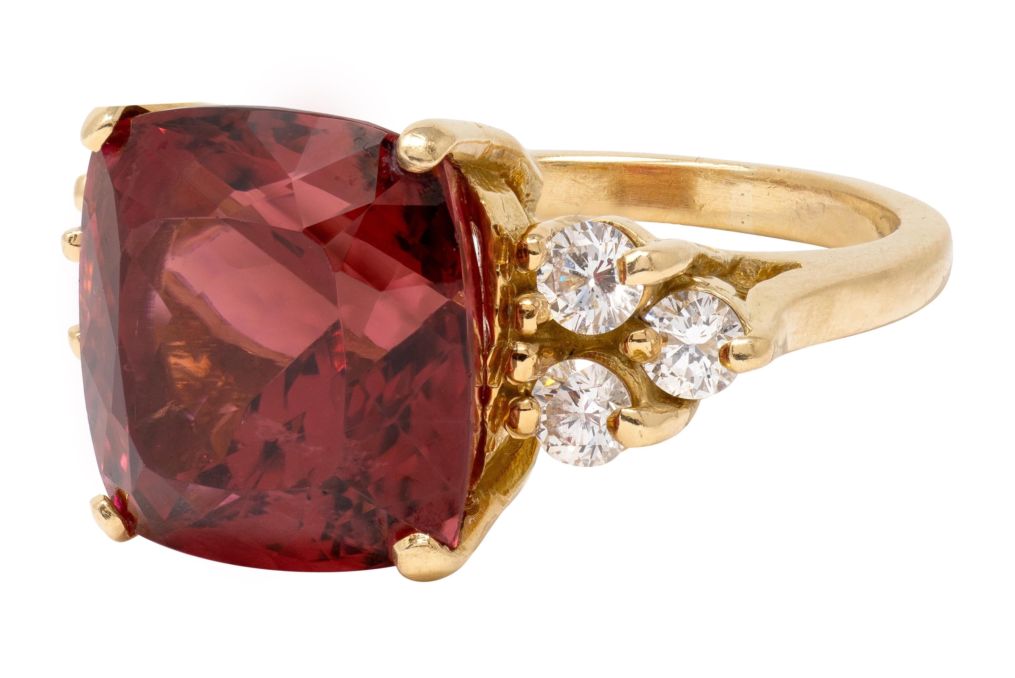 1980's Rubellite Tourmaline Diamond 18 Karat Yellow Gold Vintage Cocktail Ring