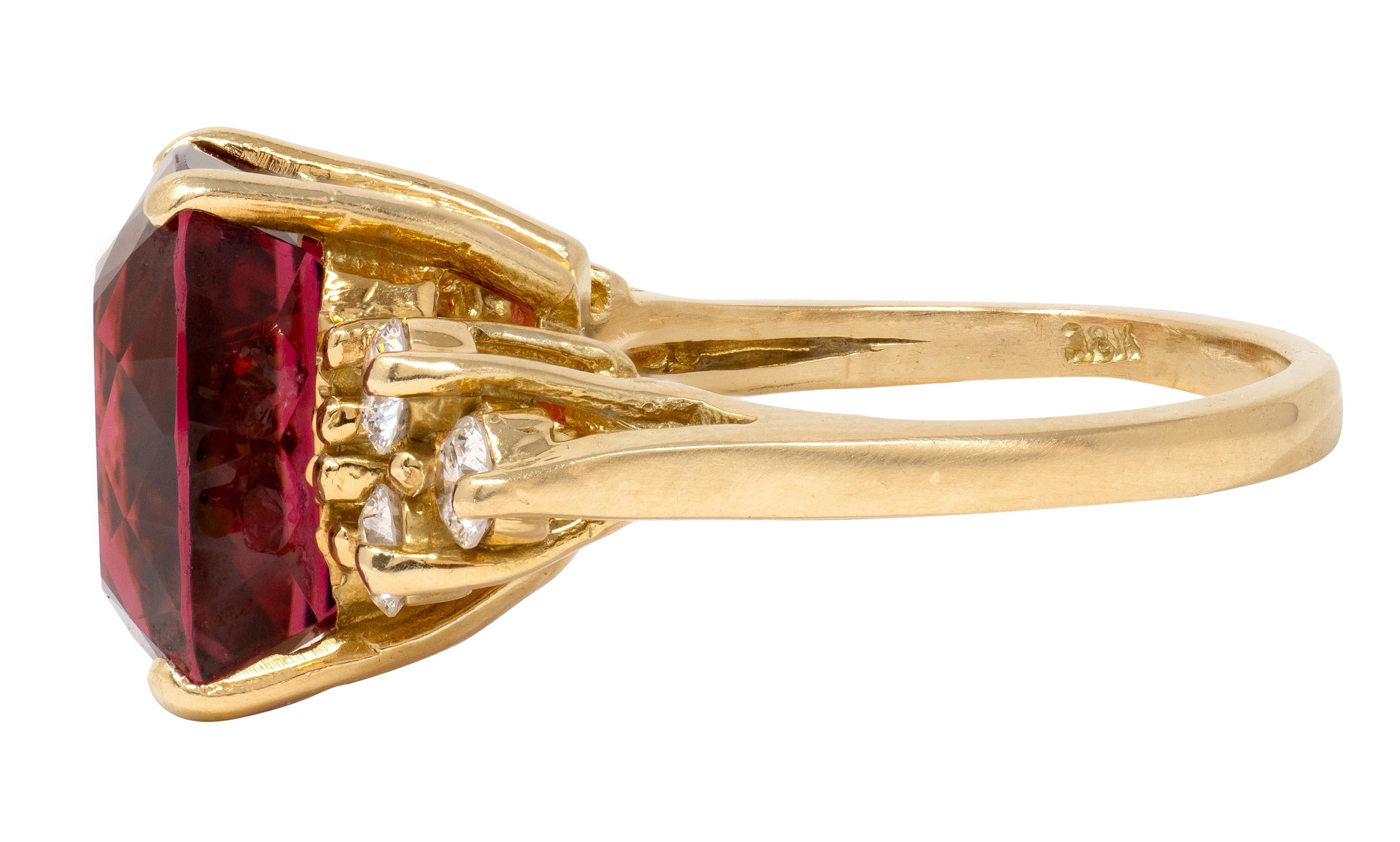 1980's Rubellite Tourmaline Diamond 18 Karat Yellow Gold Vintage Cocktail Ring