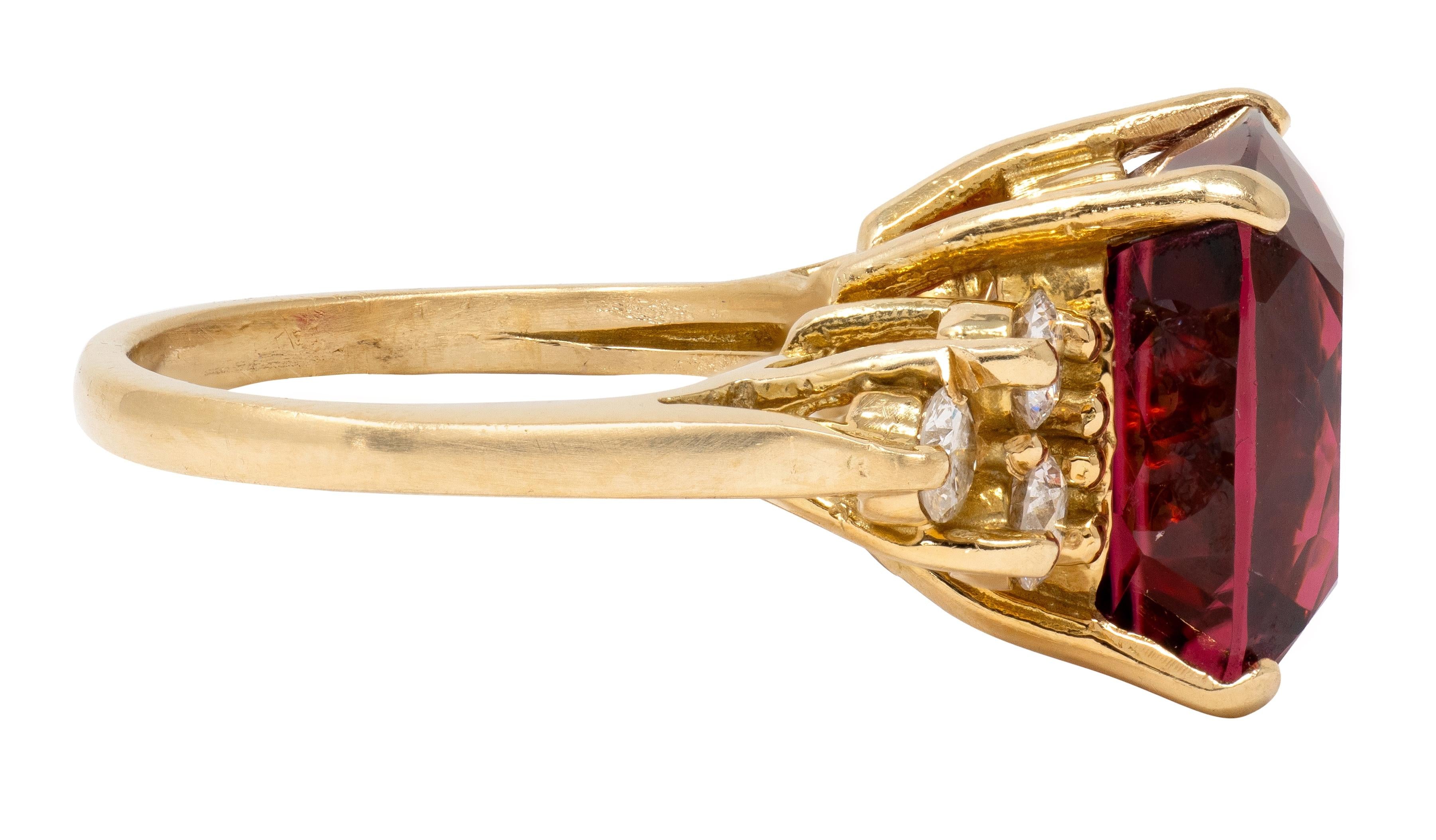 1980's Rubellite Tourmaline Diamond 18 Karat Yellow Gold Vintage Cocktail Ring