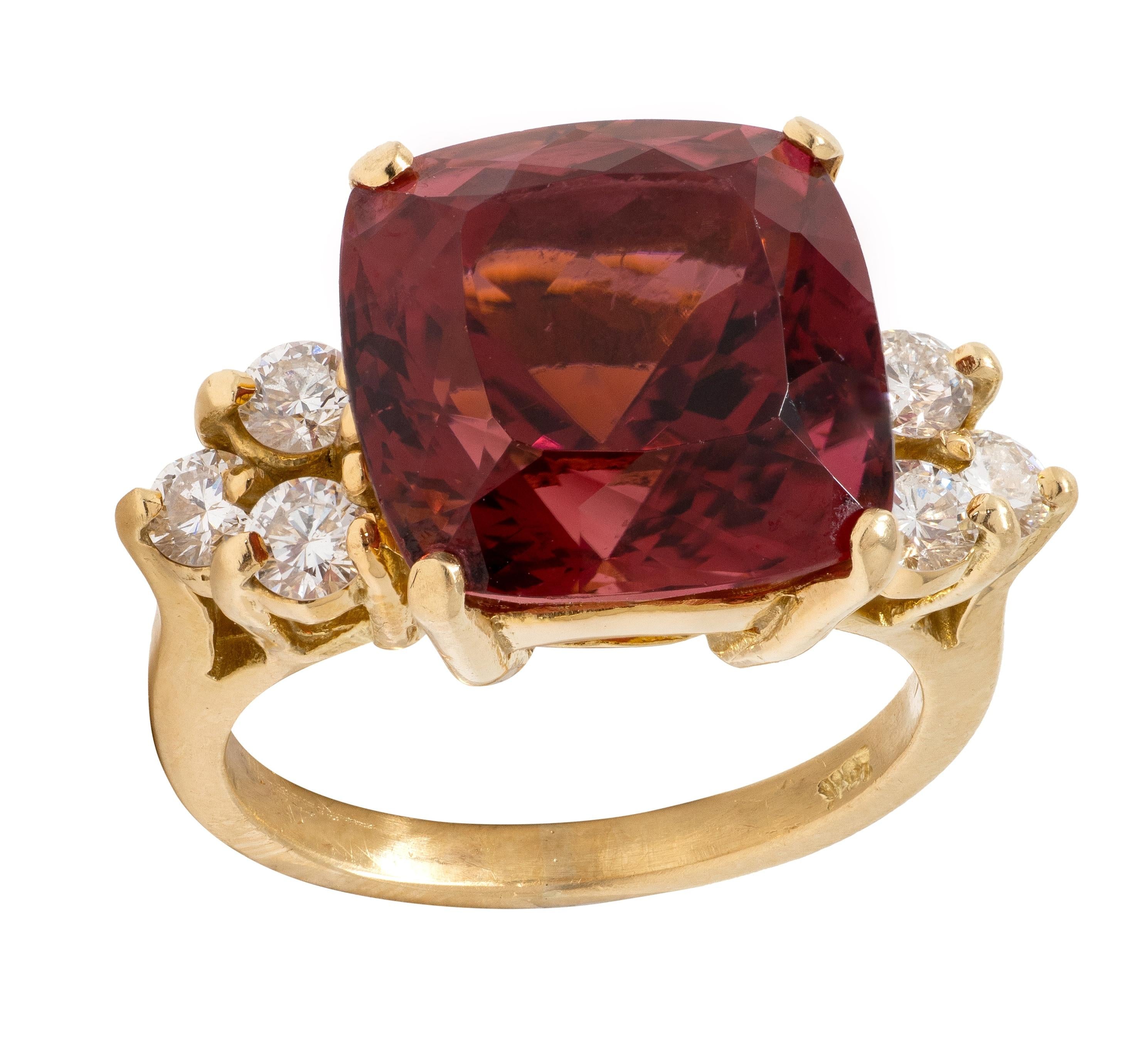 1980's Rubellite Tourmaline Diamond 18 Karat Yellow Gold Vintage Cocktail Ring