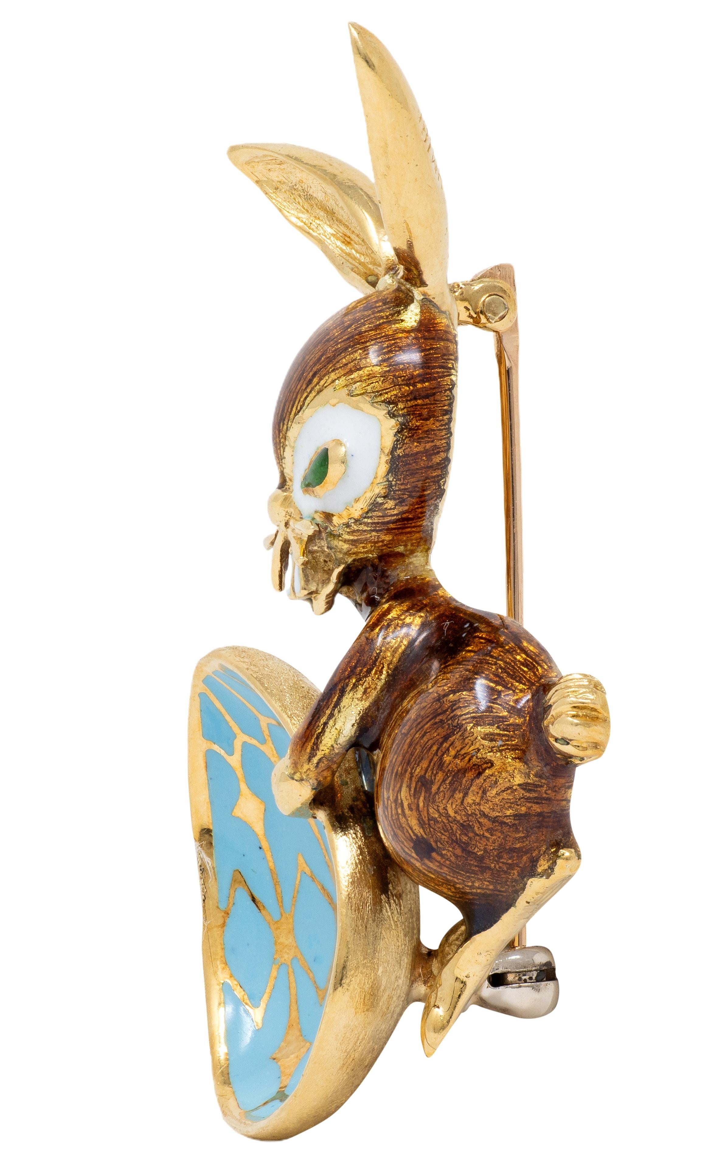 1960's Enamel 18 Karat Yellow Gold Vintage Festive Easter Bunny Brooch