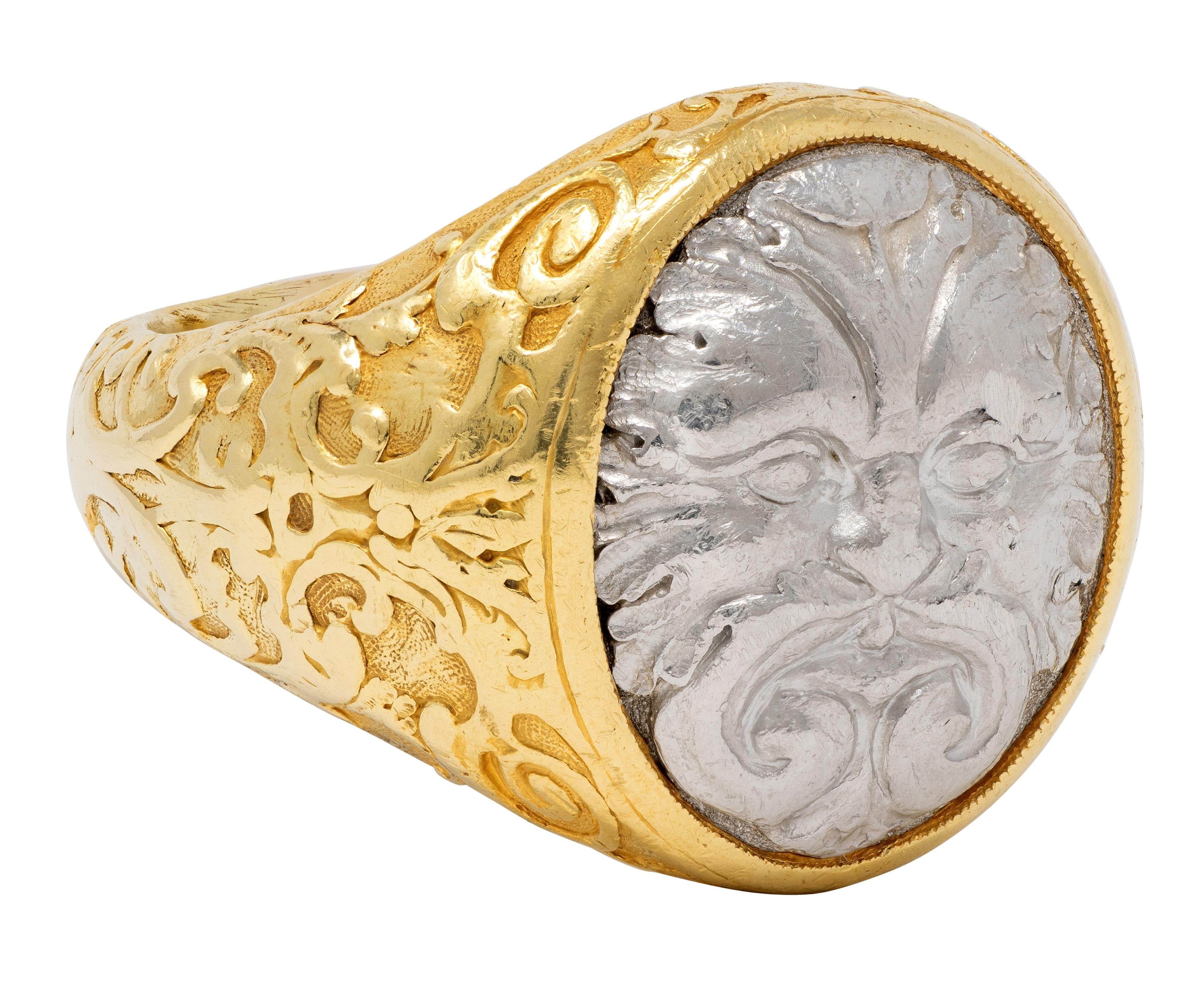 Paul Lantuch 2000's 18 Karat Yellow Gold Platinum Unisex Green Man Signet